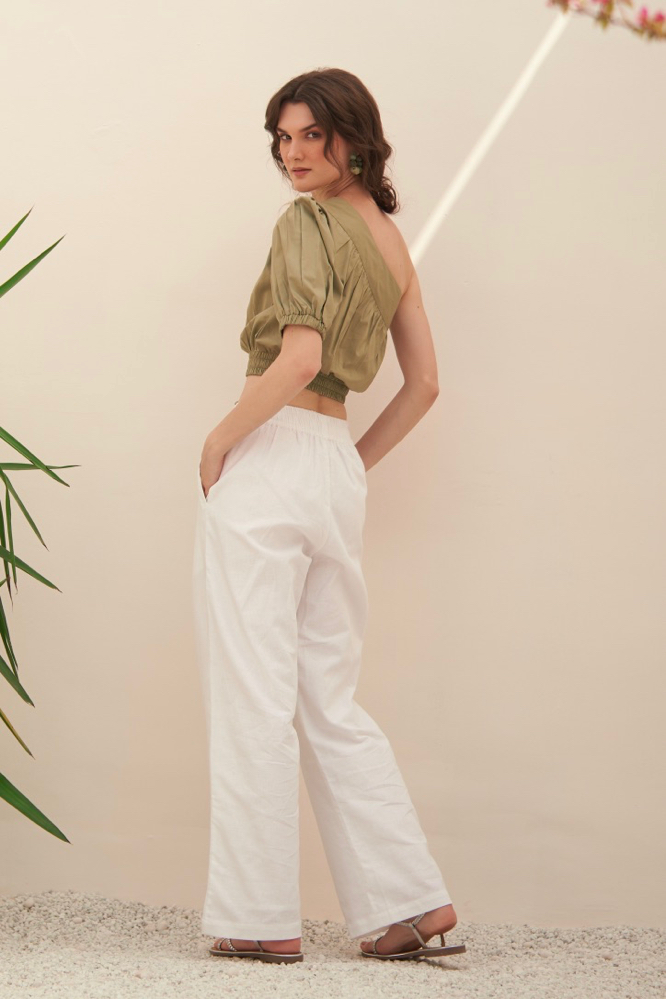 MALIBU LIGHT OLIVE COLOR COTTON POPLIN FABRIC ONE SIDED SHOULDER CROP SUMMER TOP WITH WAIST TIE