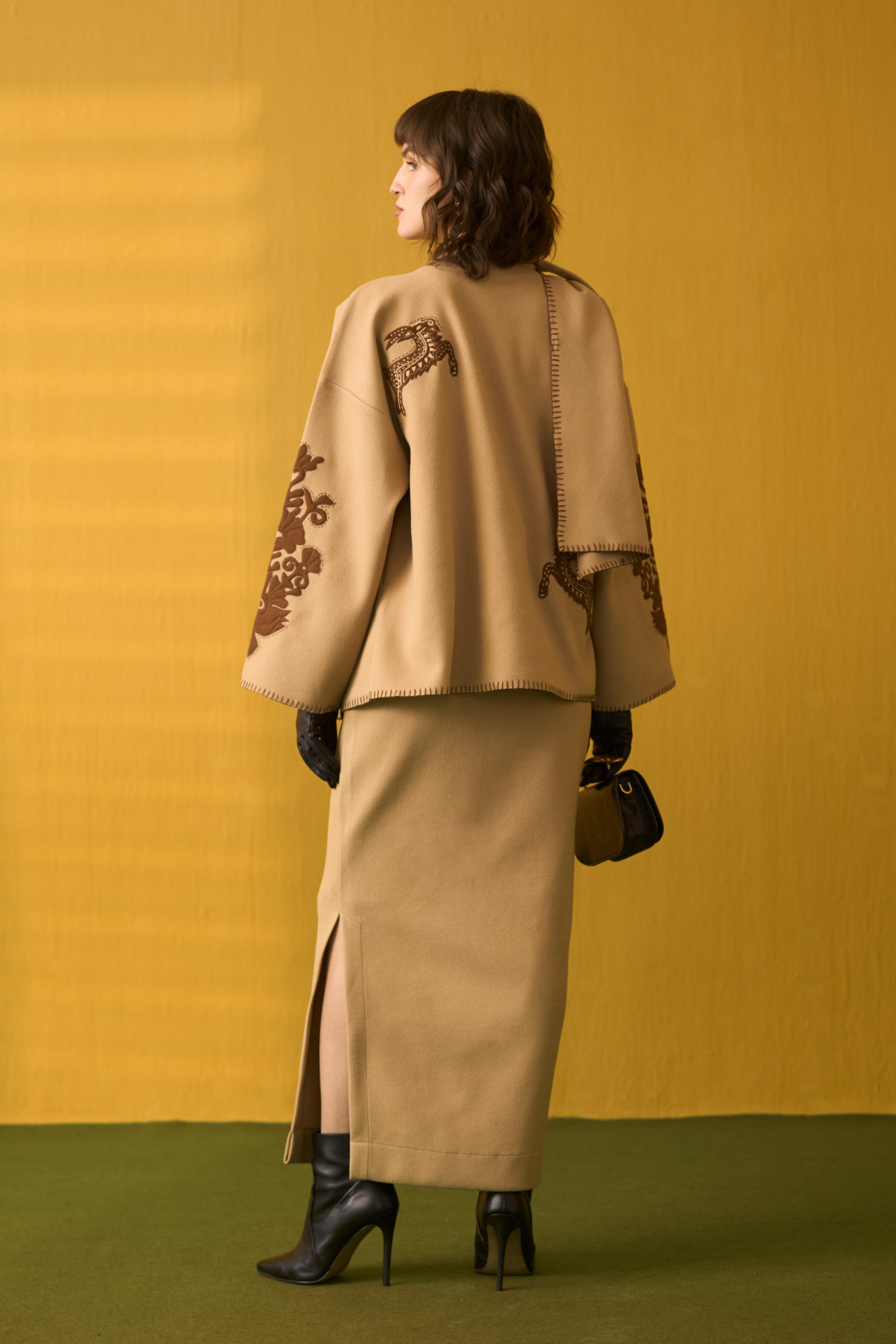 NOMADS BEIGE CAPE AND LONG PENCIL SKIRT CO-ORD SET WITH FLORA FAUNA EMBROIDERY