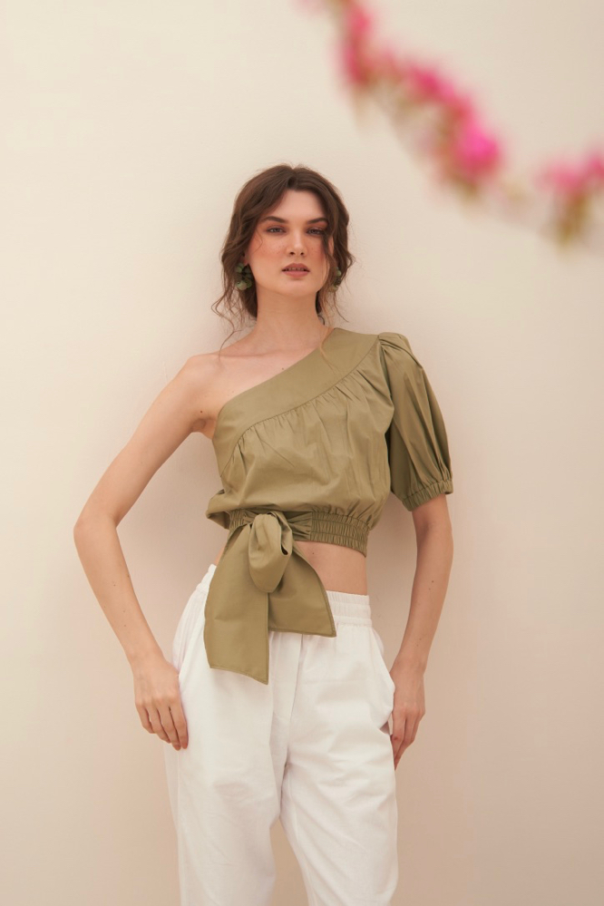 MALIBU LIGHT OLIVE COLOR COTTON POPLIN FABRIC ONE SIDED SHOULDER CROP SUMMER TOP WITH WAIST TIE