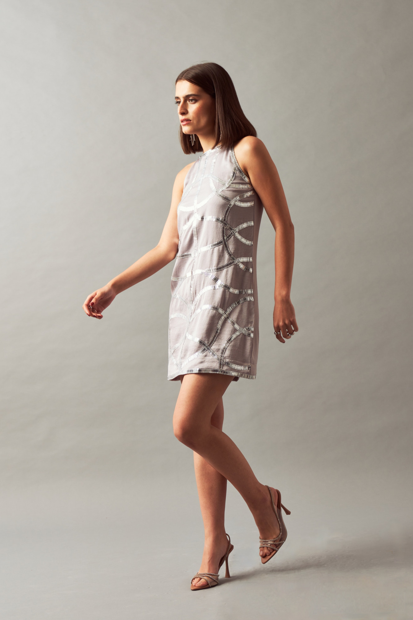 LEILA 02 SILVER HAND EMBROIDERED SLEEVELESS DRESS