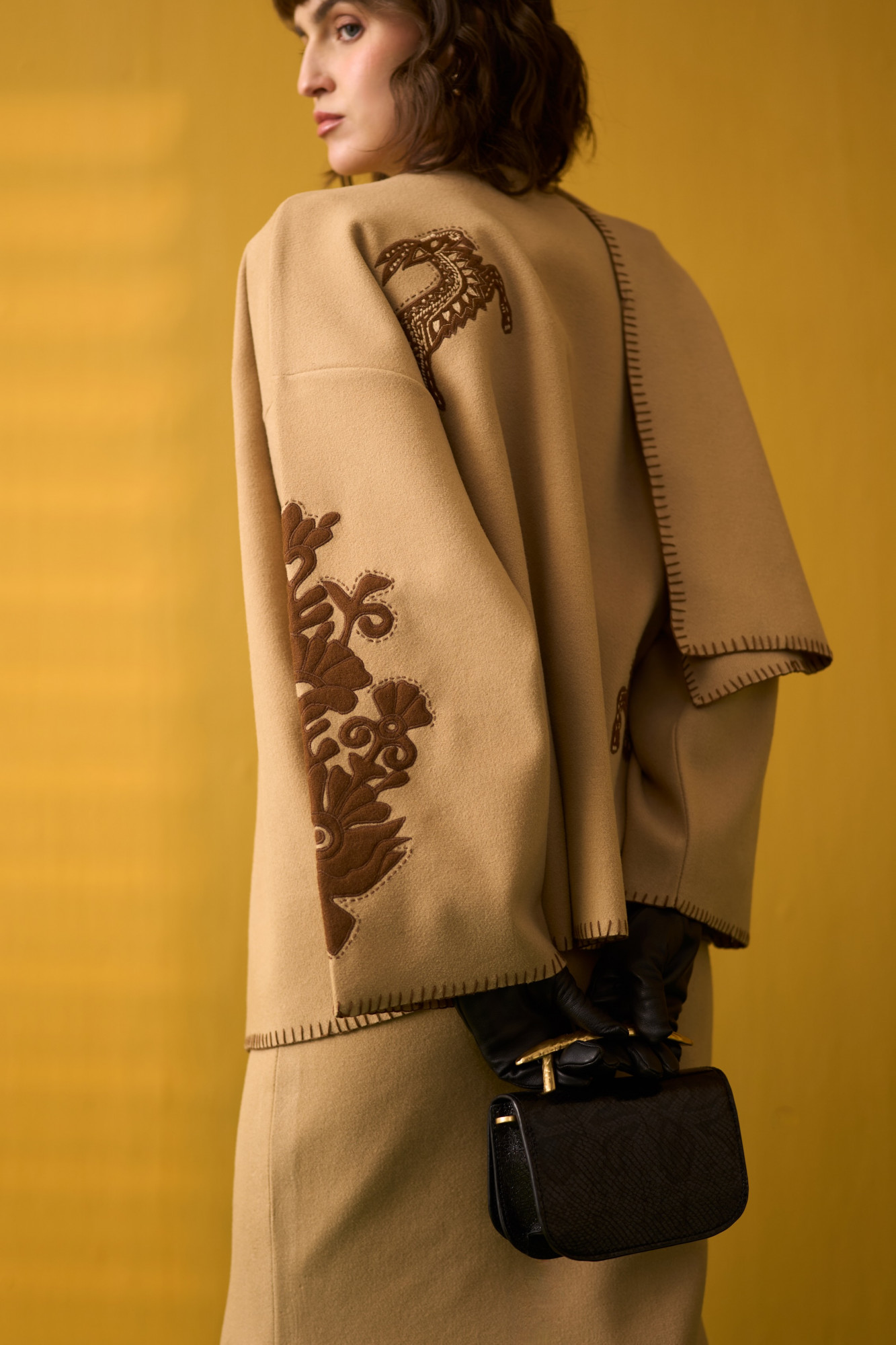 NOMADS BEIGE CAPE AND LONG PENCIL SKIRT CO-ORD SET WITH FLORA FAUNA EMBROIDERY