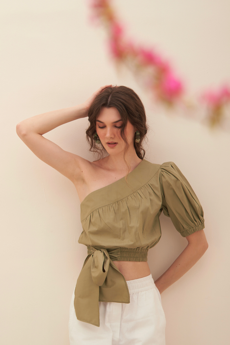 MALIBU LIGHT OLIVE COLOR COTTON POPLIN FABRIC ONE SIDED SHOULDER CROP SUMMER TOP WITH WAIST TIE