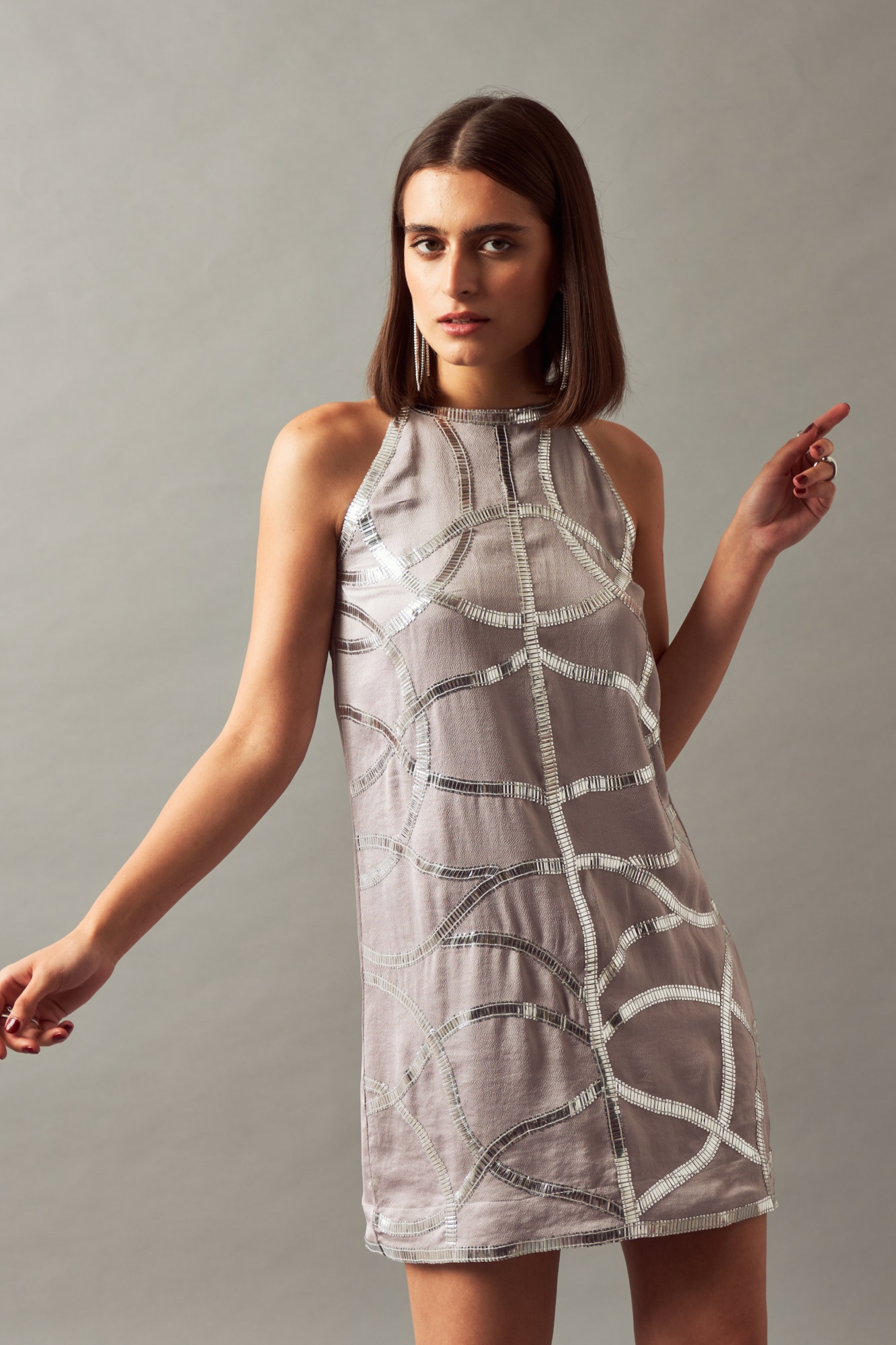 LEILA 02 SILVER HAND EMBROIDERED SLEEVELESS DRESS