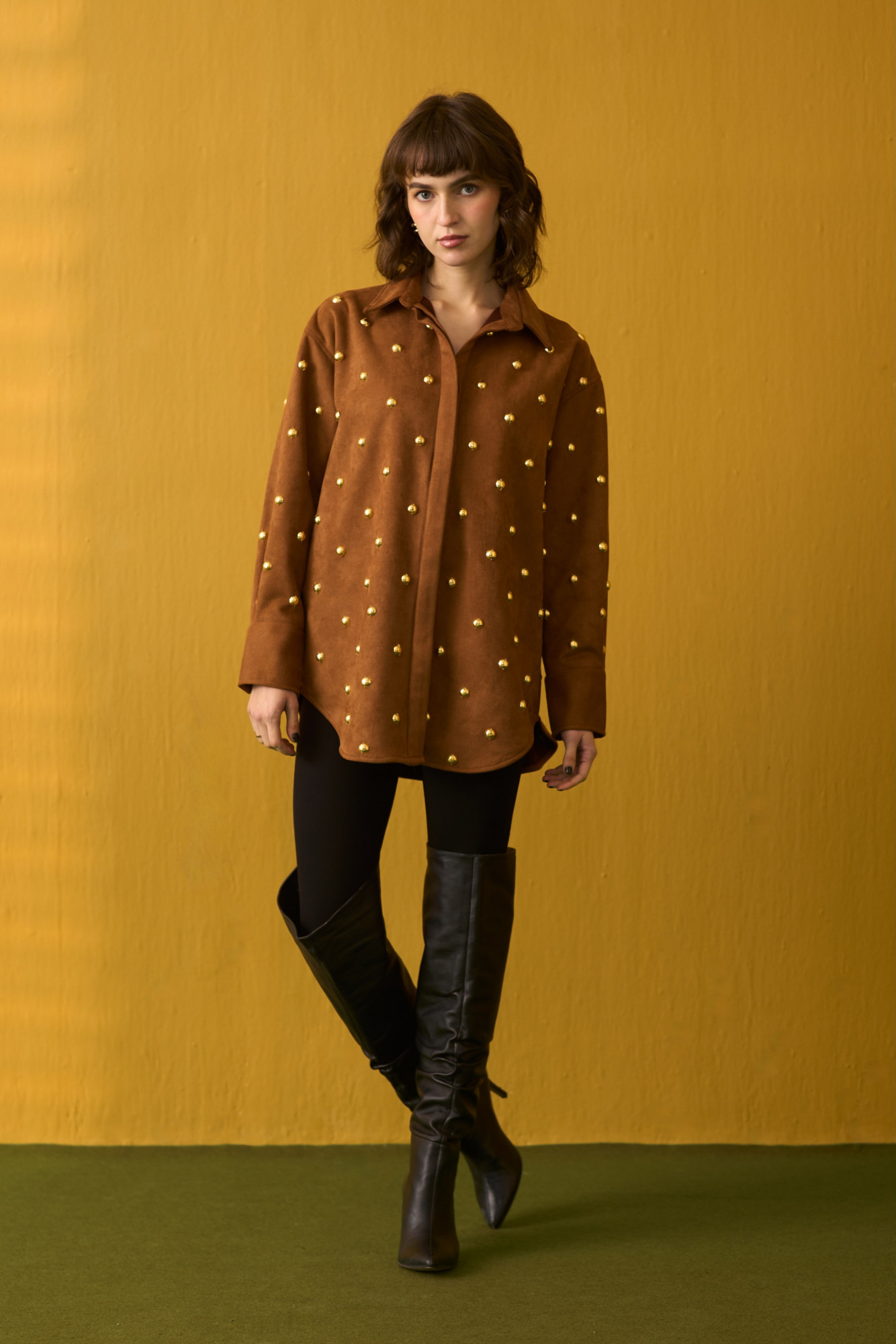 NOMADS BROWN SUEDE SHIRT WITH RHYTHMIC GOLD METAL DOMES