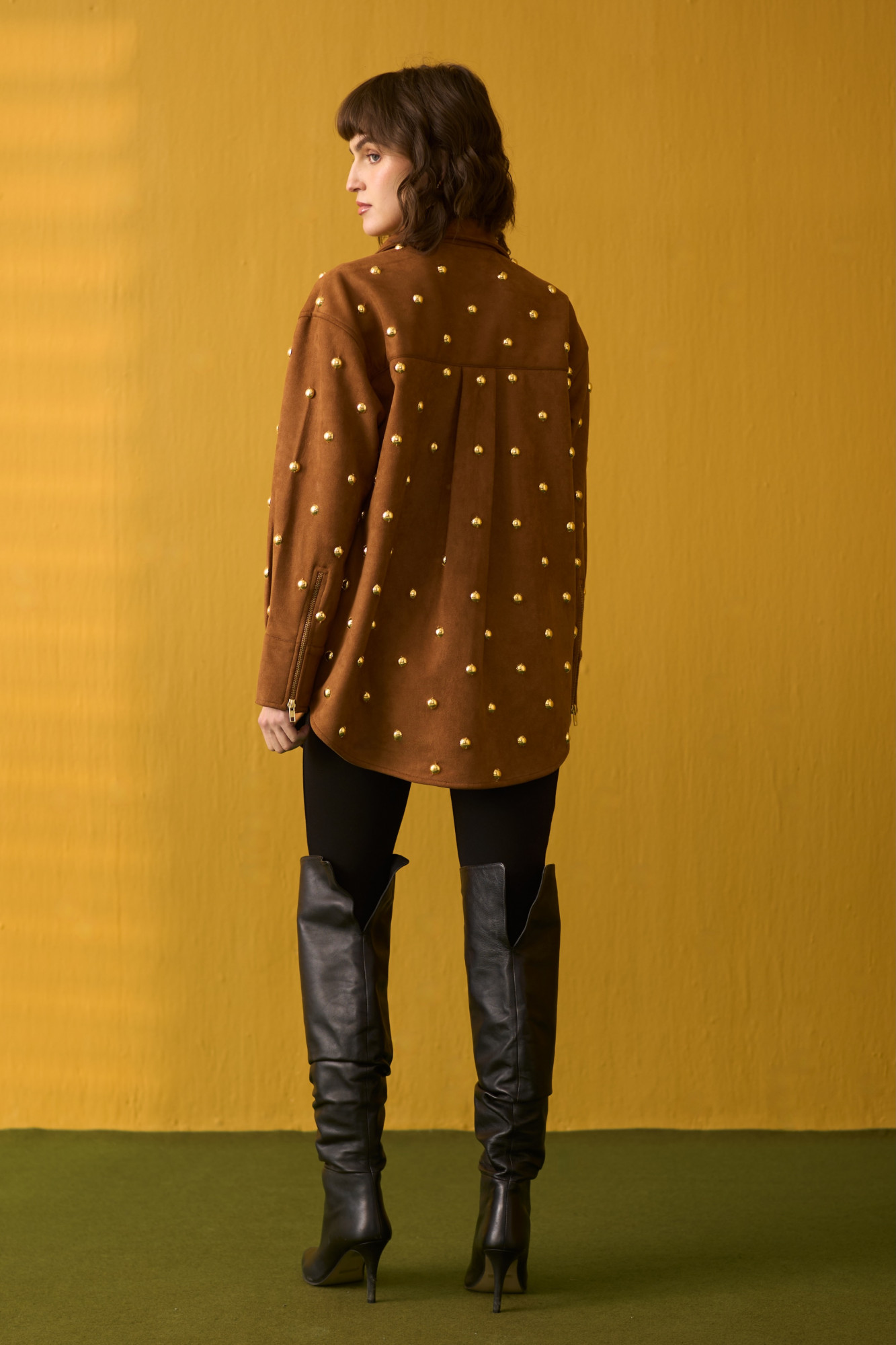 NOMADS BROWN SUEDE SHIRT WITH RHYTHMIC GOLD METAL DOMES