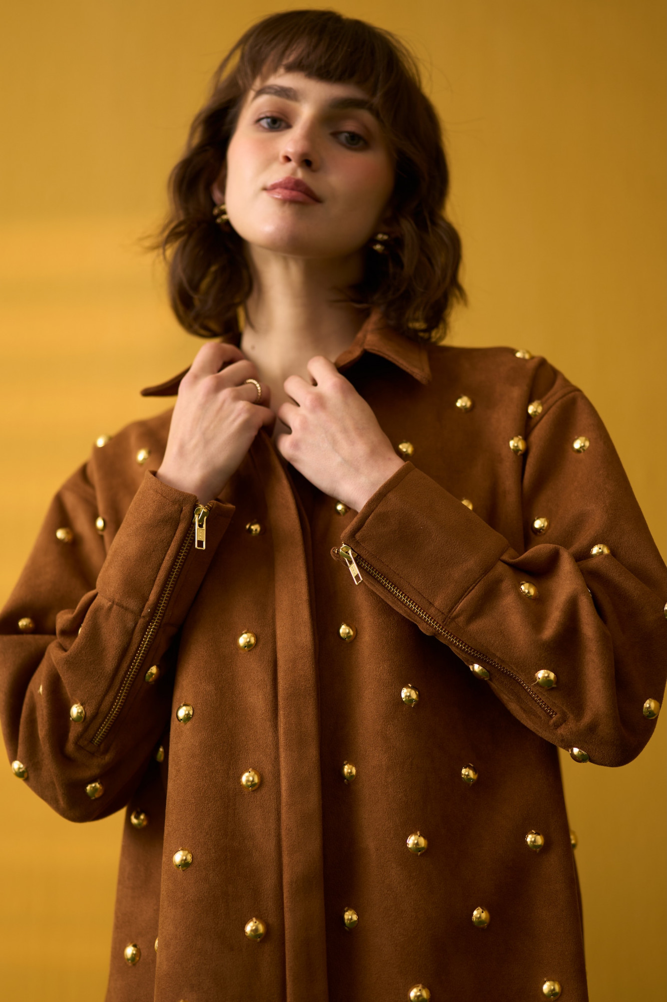 NOMADS BROWN SUEDE SHIRT WITH RHYTHMIC GOLD METAL DOMES