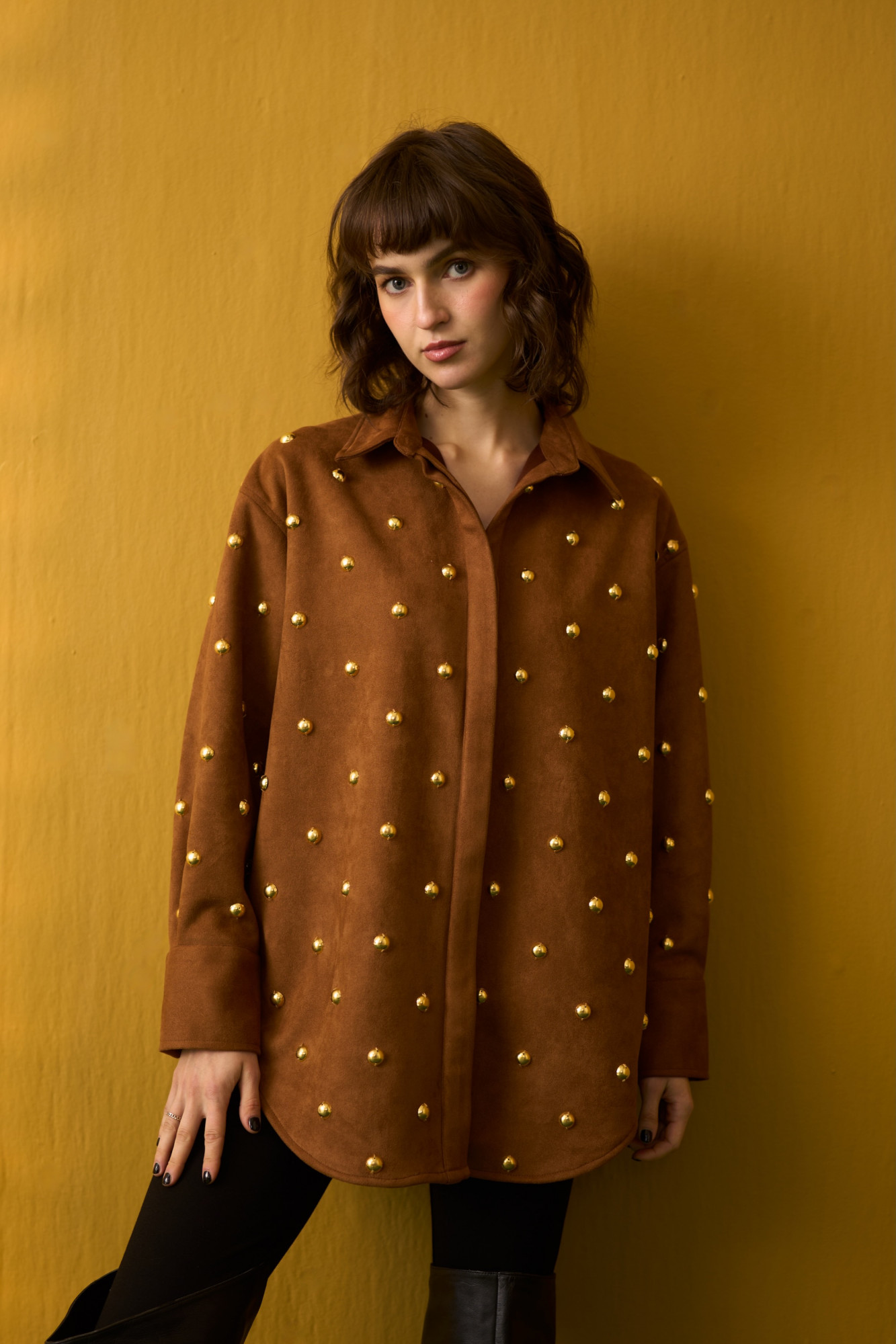 NOMADS BROWN SUEDE SHIRT WITH RHYTHMIC GOLD METAL DOMES