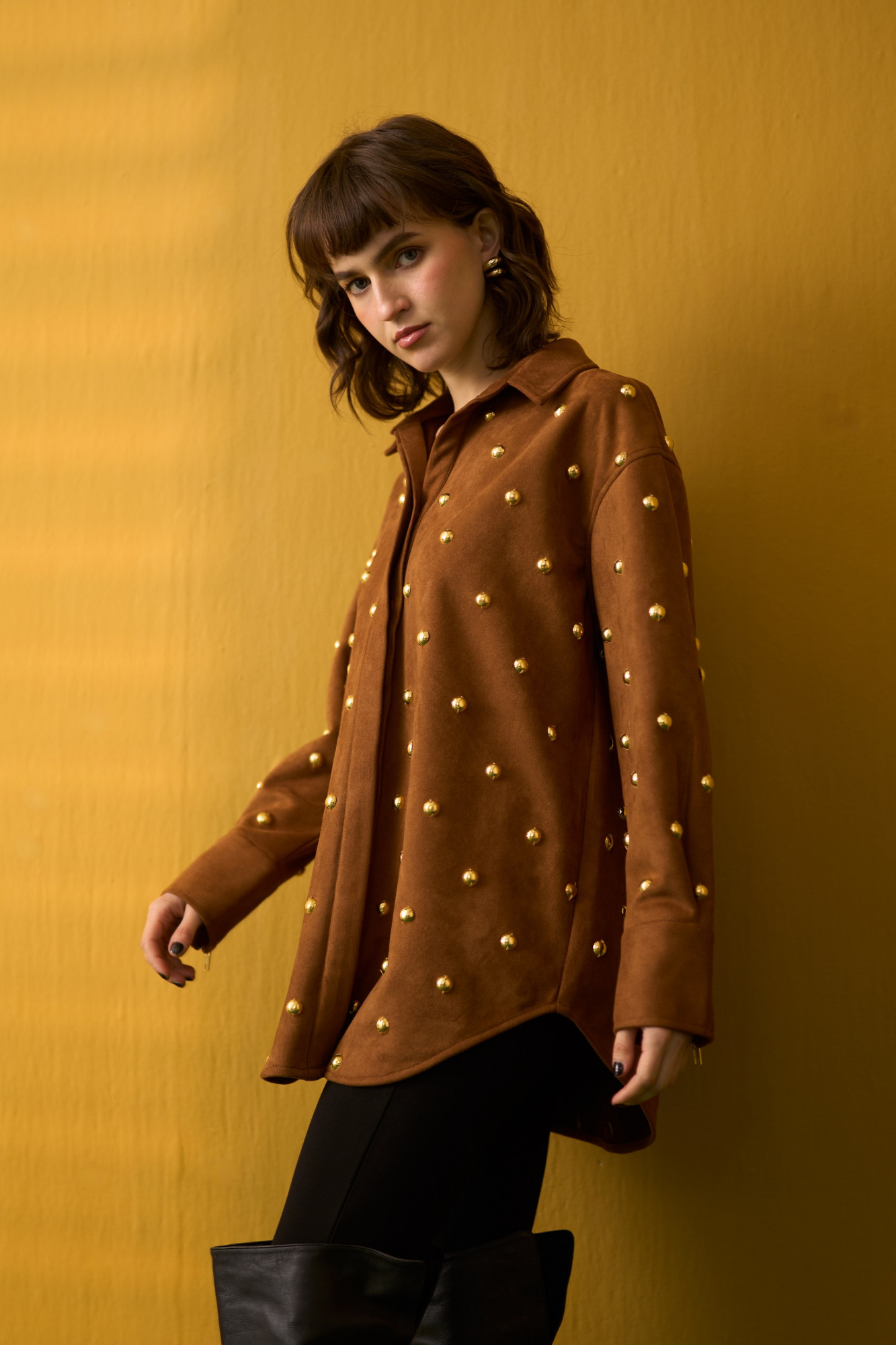 NOMADS BROWN SUEDE SHIRT WITH RHYTHMIC GOLD METAL DOMES
