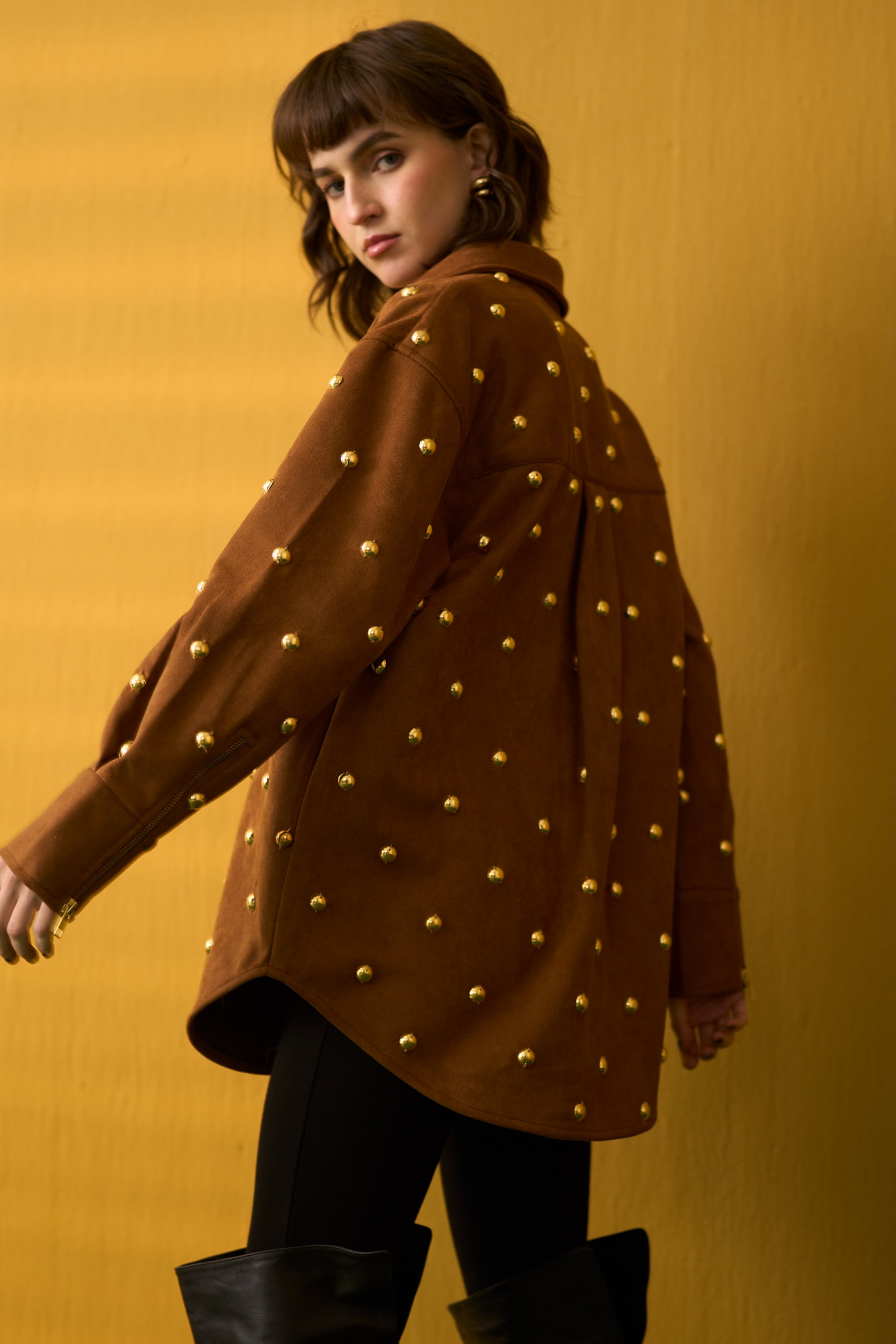 NOMADS BROWN SUEDE SHIRT WITH RHYTHMIC GOLD METAL DOMES