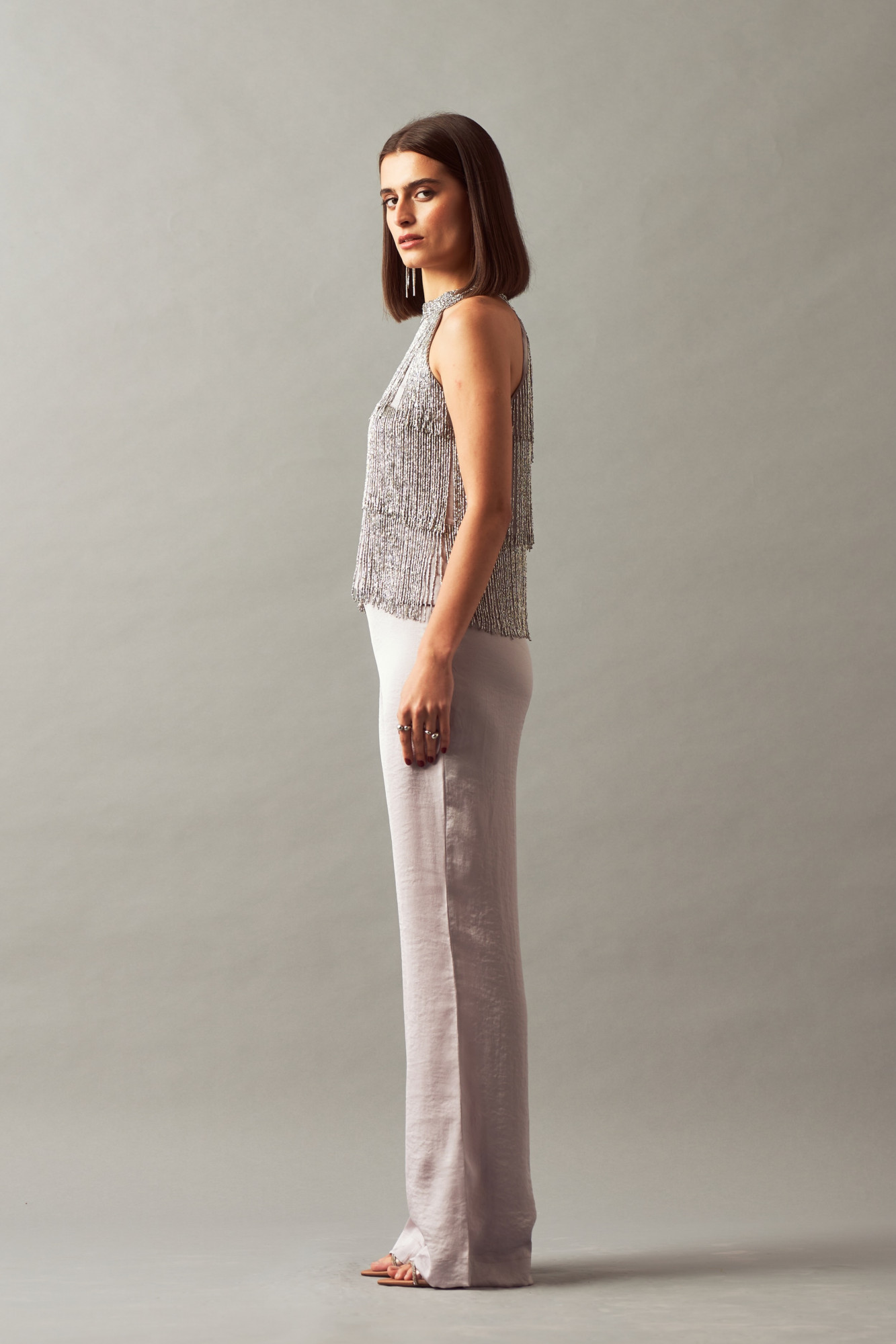 LEILA 02 SILVER HAND EMBROIDERED FRINGE TOP AND PANTS CO-ORD SET