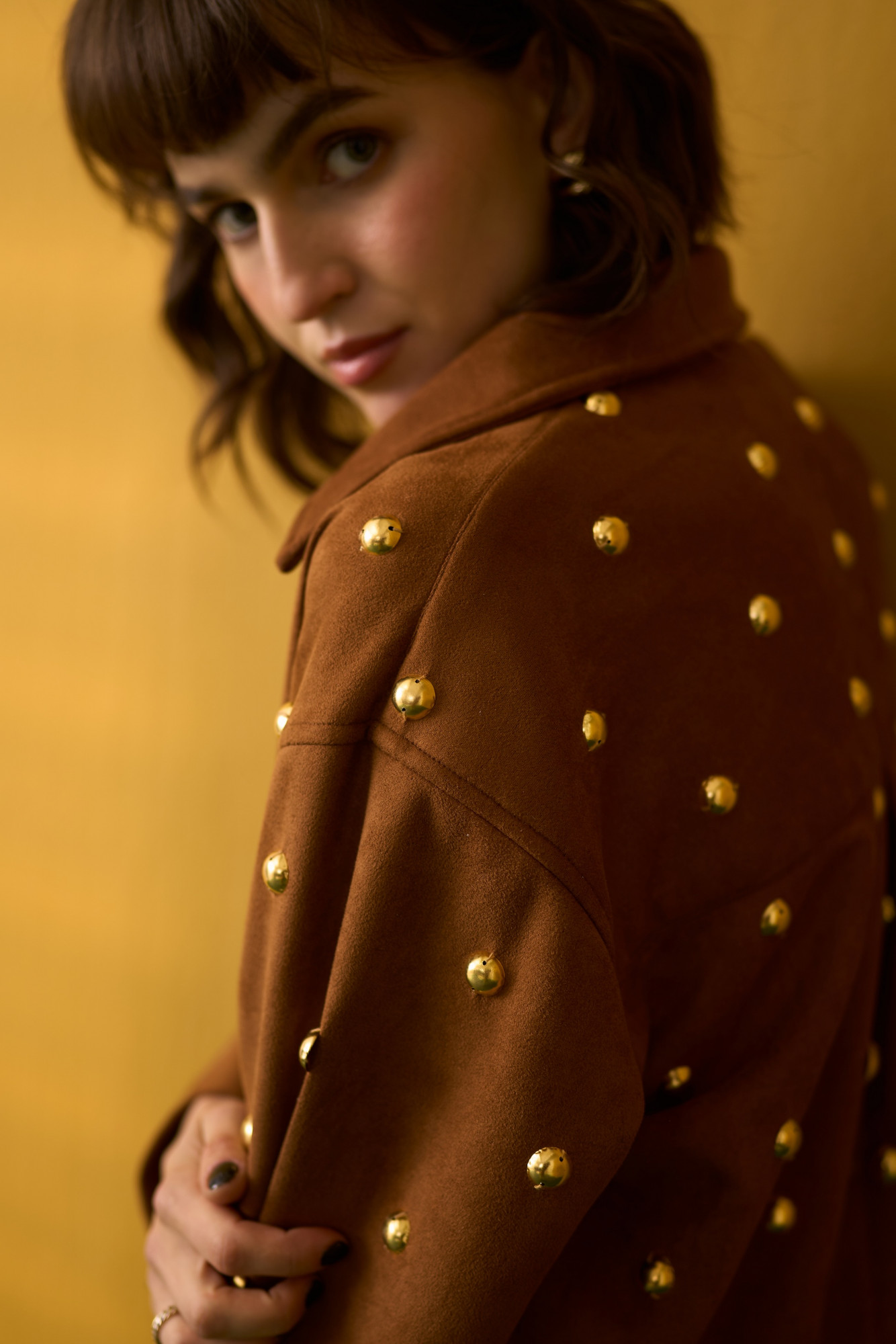 NOMADS BROWN SUEDE SHIRT WITH RHYTHMIC GOLD METAL DOMES