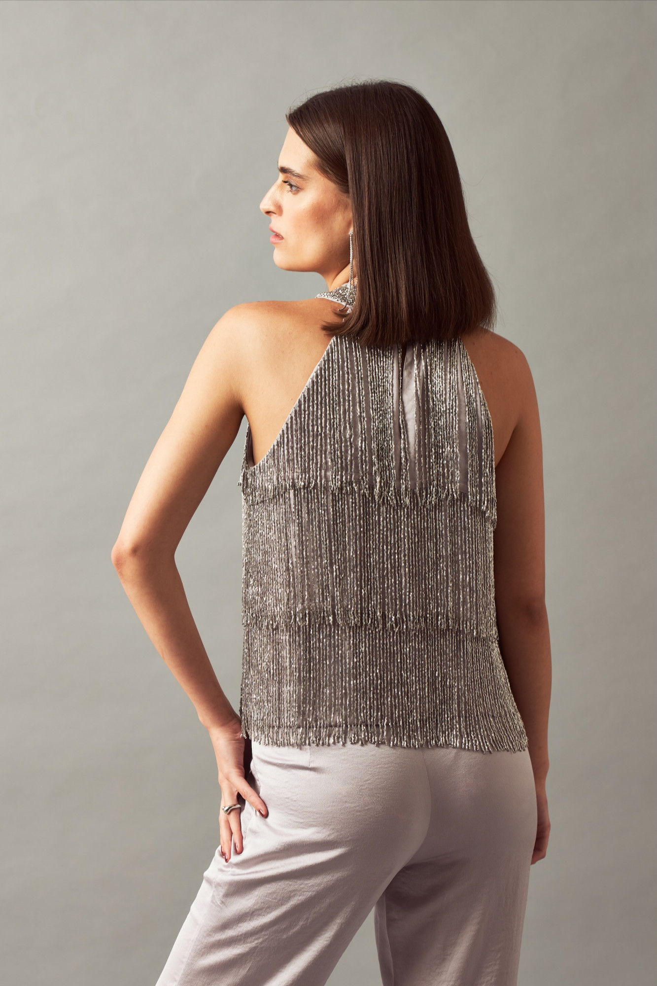 LEILA 02 SILVER HAND EMBROIDERED FRINGE TOP AND PANTS CO-ORD SET