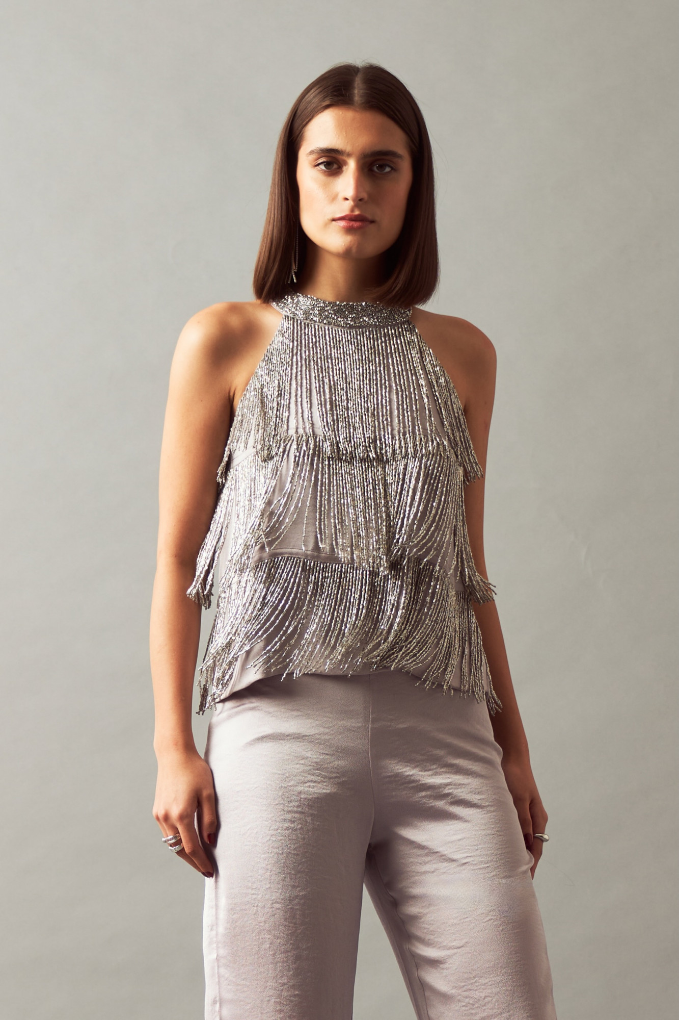 LEILA 02 SILVER HAND EMBROIDERED FRINGE TOP AND PANTS CO-ORD SET