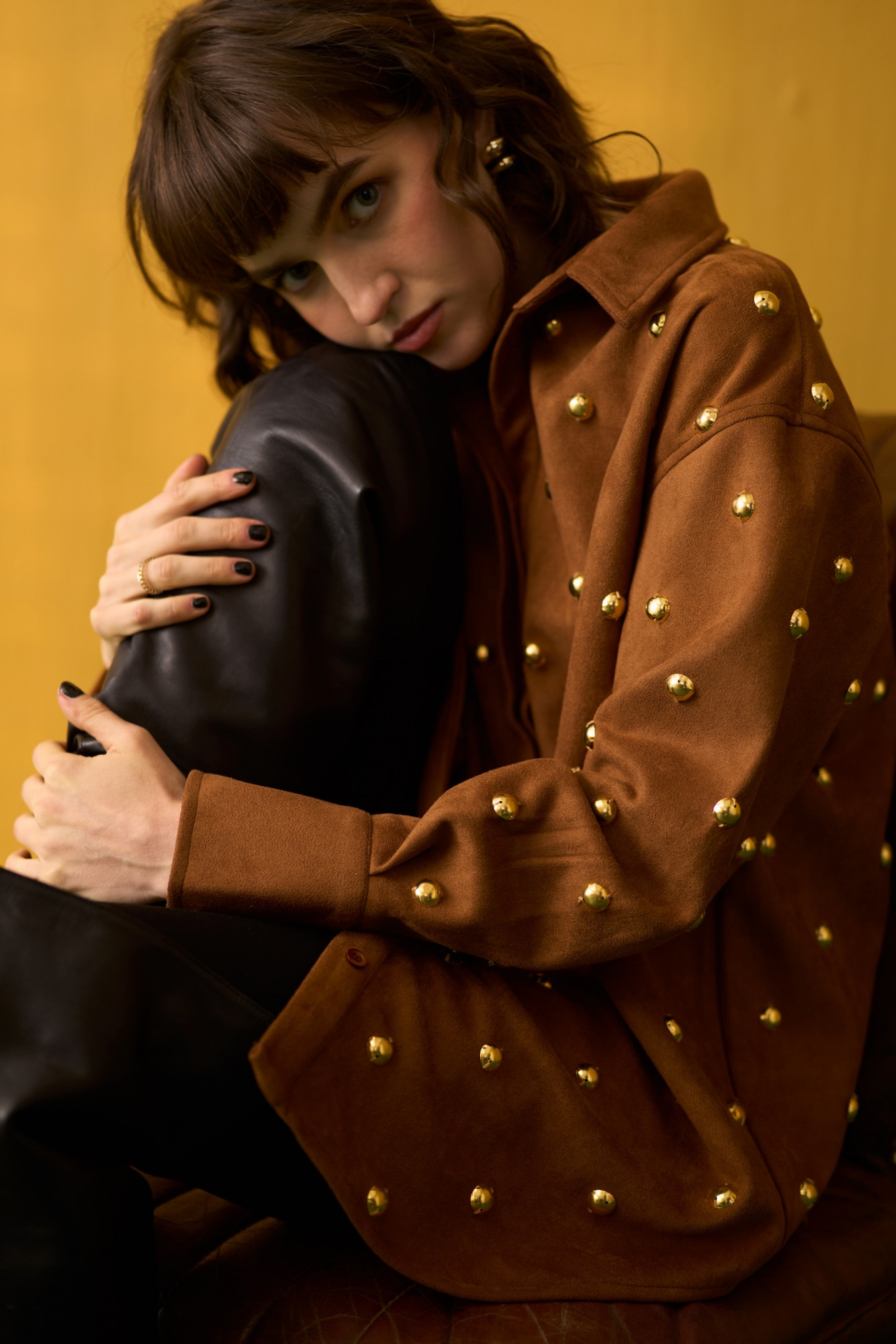 NOMADS BROWN SUEDE SHIRT WITH RHYTHMIC GOLD METAL DOMES