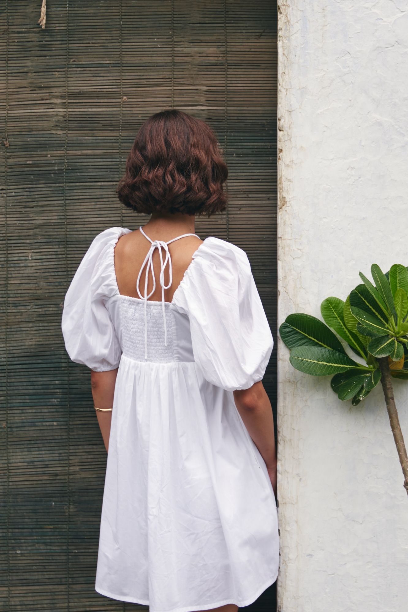 FLORENTINA WHITE COTTON POPLIN MINI LENGTH SUMMER DRESS WITH ELBOW LENGTH SLEEVES