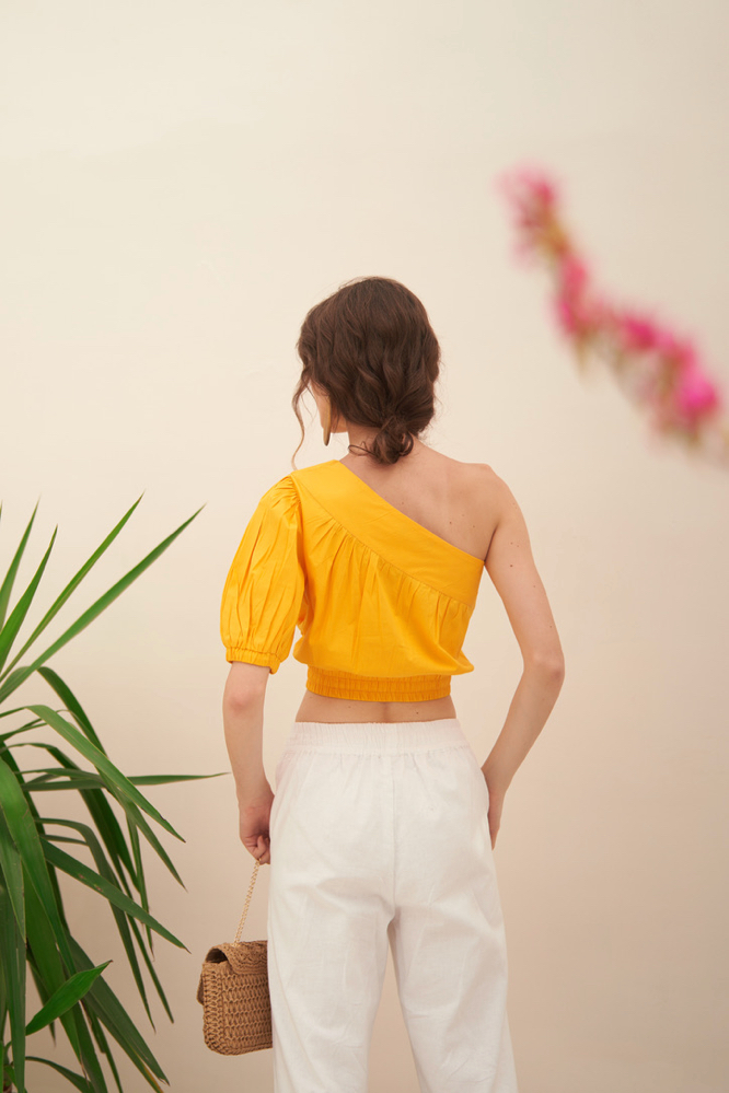 MALIBU YELLOW COLOR COTTON POPLIN FABRIC ONE SIDED SHOULDER SUMMER CROP TOP WITH WAIST TIE