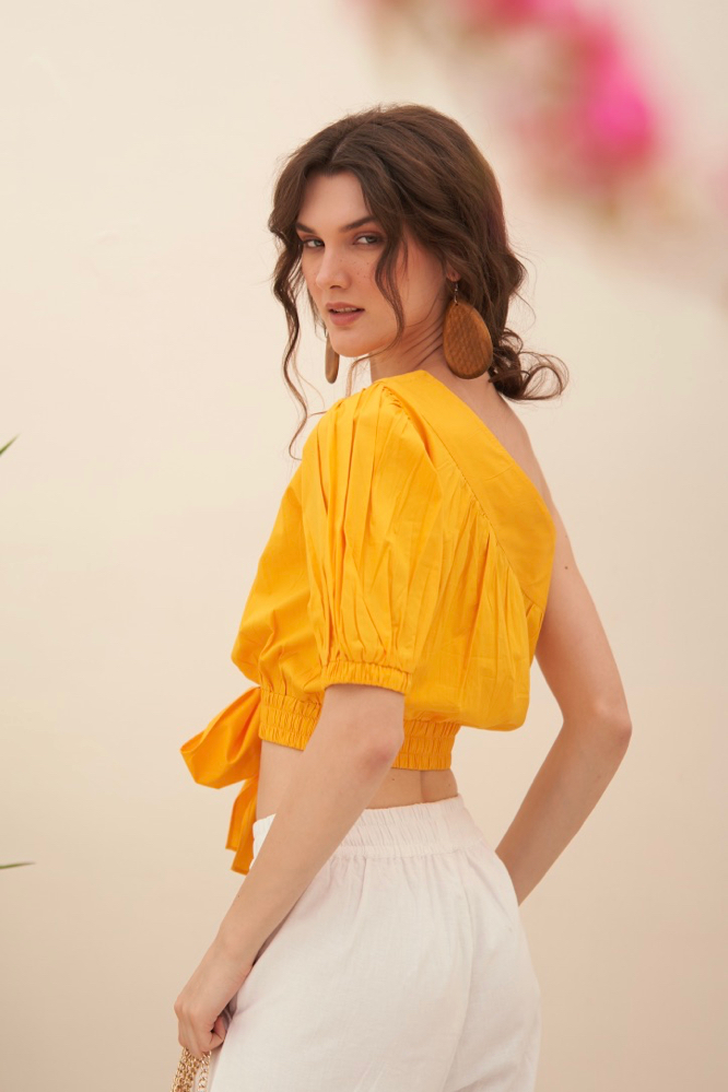 MALIBU YELLOW COLOR COTTON POPLIN FABRIC ONE SIDED SHOULDER SUMMER CROP TOP WITH WAIST TIE