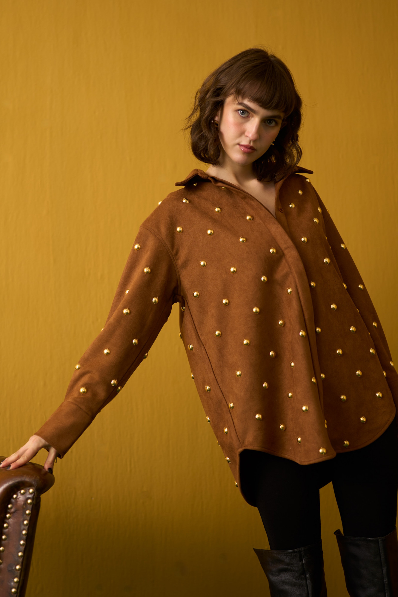 NOMADS BROWN SUEDE SHIRT WITH RHYTHMIC GOLD METAL DOMES
