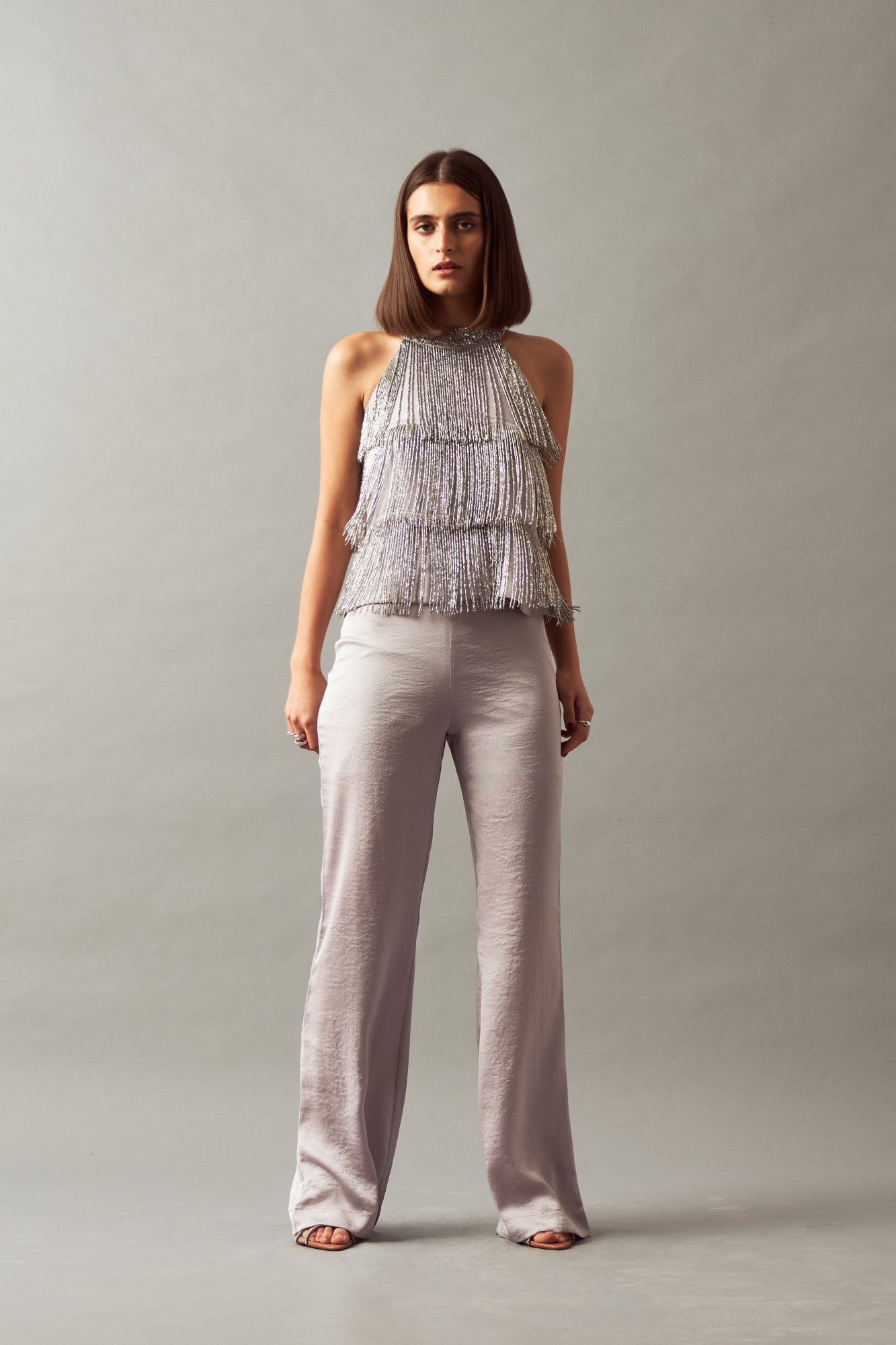 LEILA 02 SILVER HAND EMBROIDERED FRINGE TOP AND PANTS CO-ORD SET