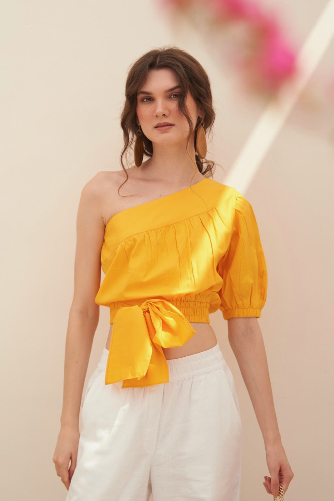 MALIBU YELLOW COLOR COTTON POPLIN FABRIC ONE SIDED SHOULDER SUMMER CROP TOP WITH WAIST TIE