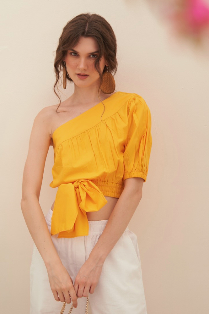 MALIBU YELLOW COLOR COTTON POPLIN FABRIC ONE SIDED SHOULDER SUMMER CROP TOP WITH WAIST TIE