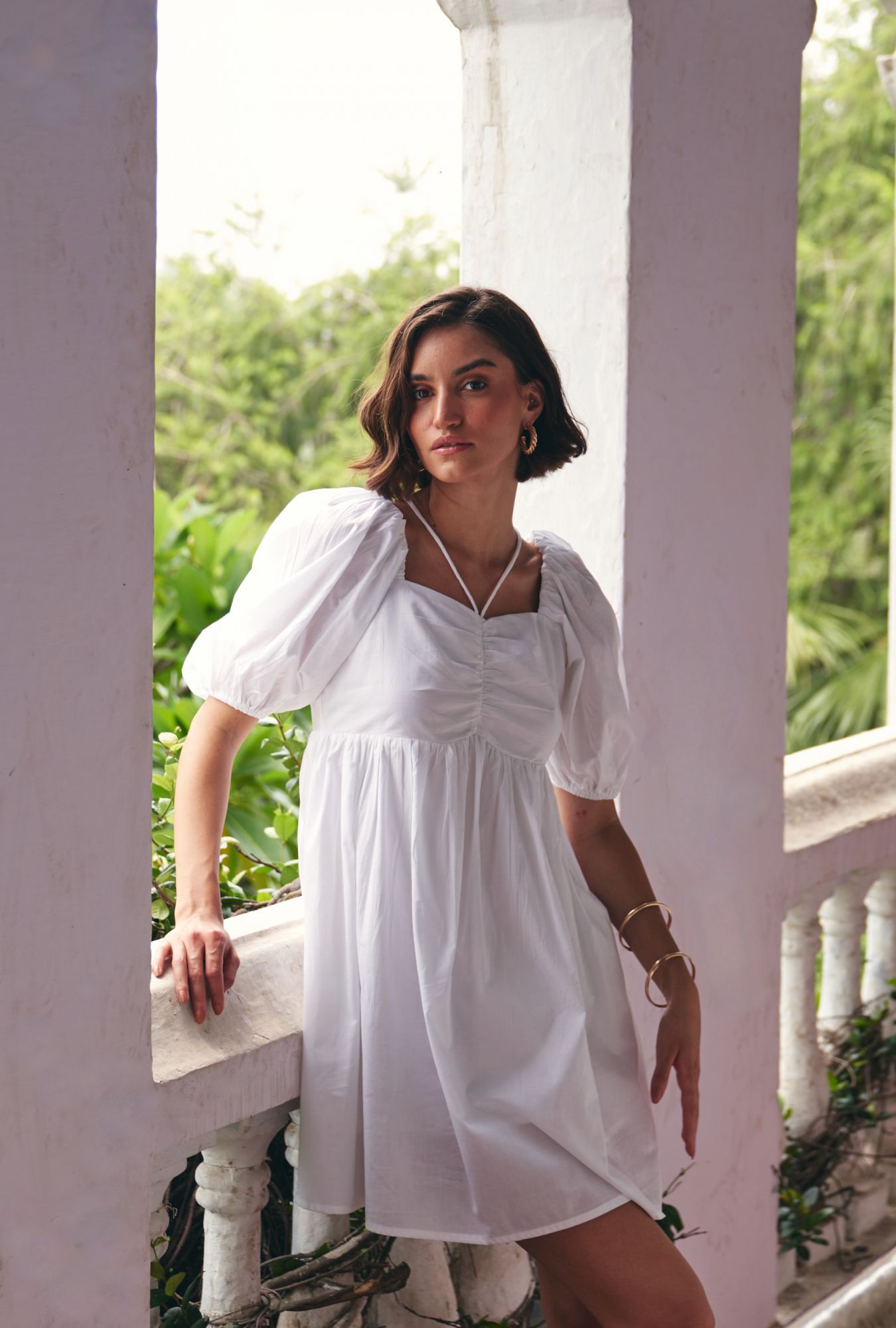FLORENTINA WHITE COTTON POPLIN MINI LENGTH SUMMER DRESS WITH ELBOW LENGTH SLEEVES