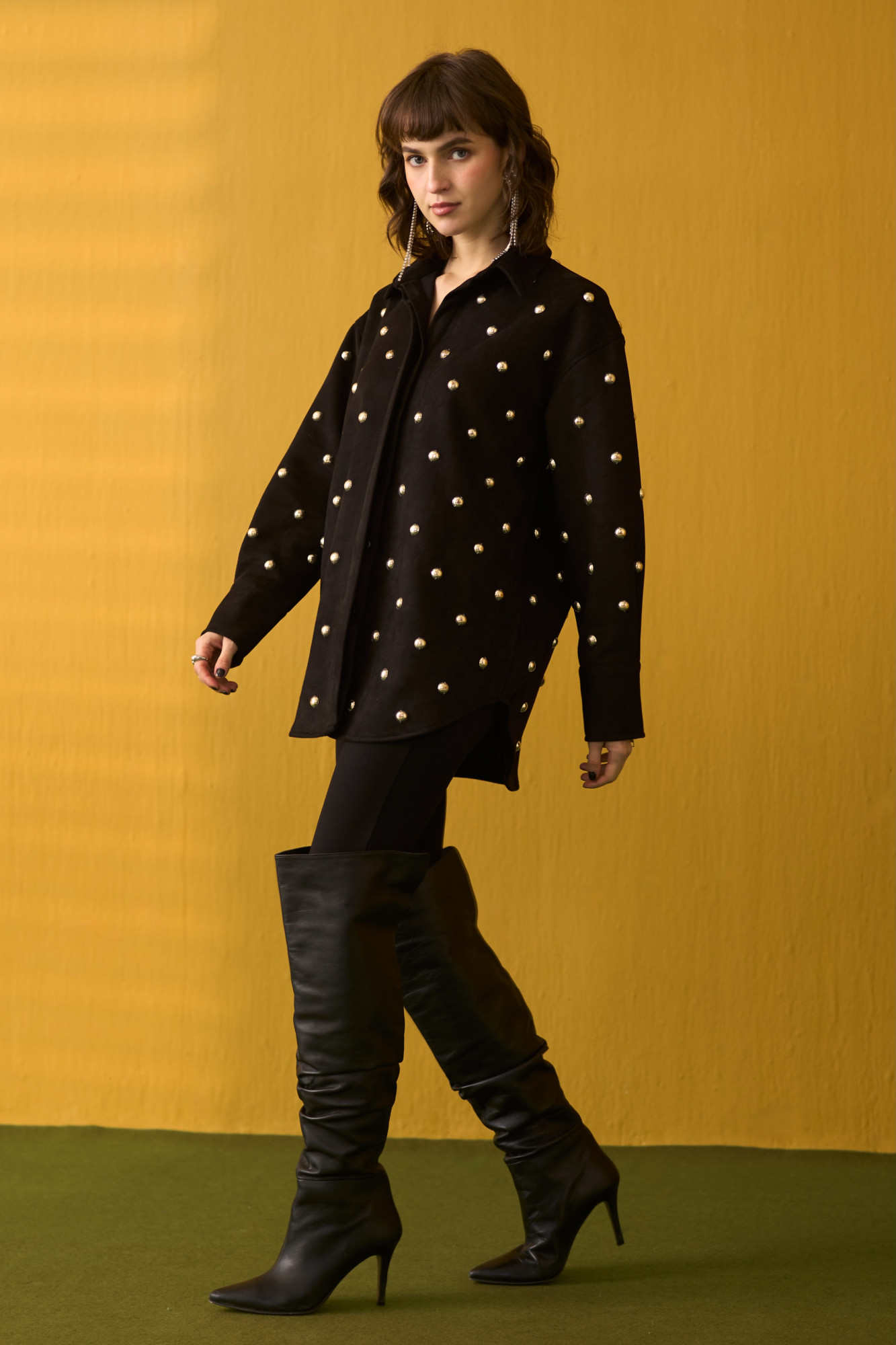 NOMADS BLACK SUEDE SHIRT WITH RHYTHMIC SILVER METAL DOMES