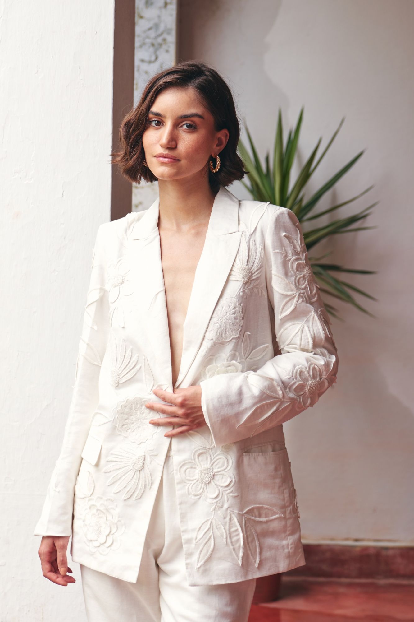 FLORENTINA OFF WHITE LINEN EMBROIDERED JACKET AND PANTS SUMMER CO-ORDINATE