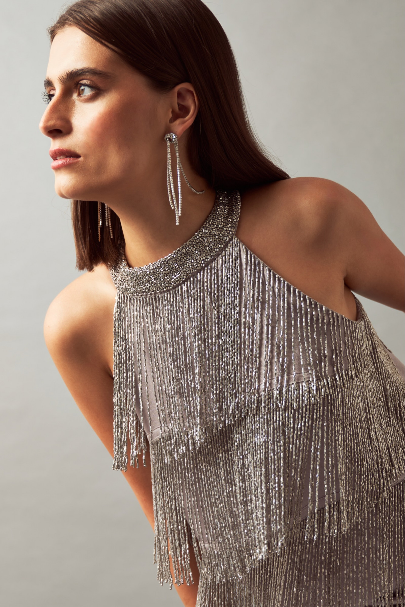 LEILA 02 SILVER GLASS BEADS HAND EMBELLISHED FRINGE TOP