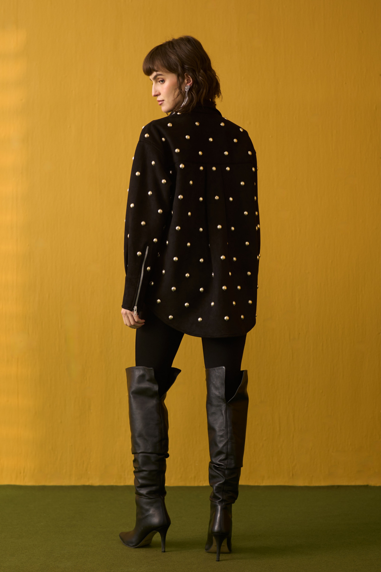 NOMADS BLACK SUEDE SHIRT WITH RHYTHMIC SILVER METAL DOMES