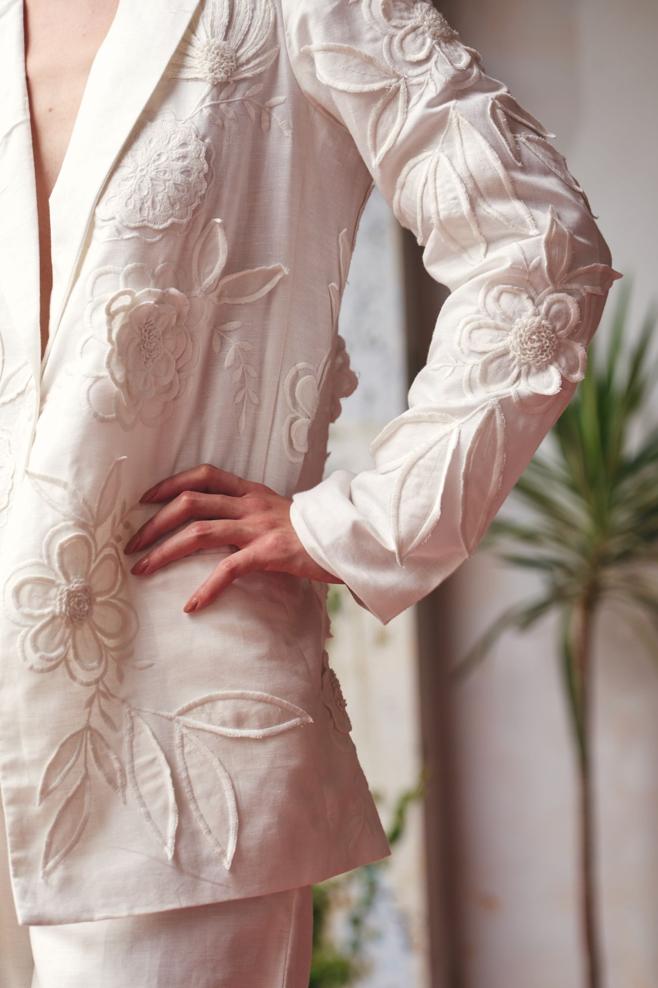 FLORENTINA OFF WHITE LINEN EMBROIDERED JACKET AND PANTS SUMMER CO-ORDINATE