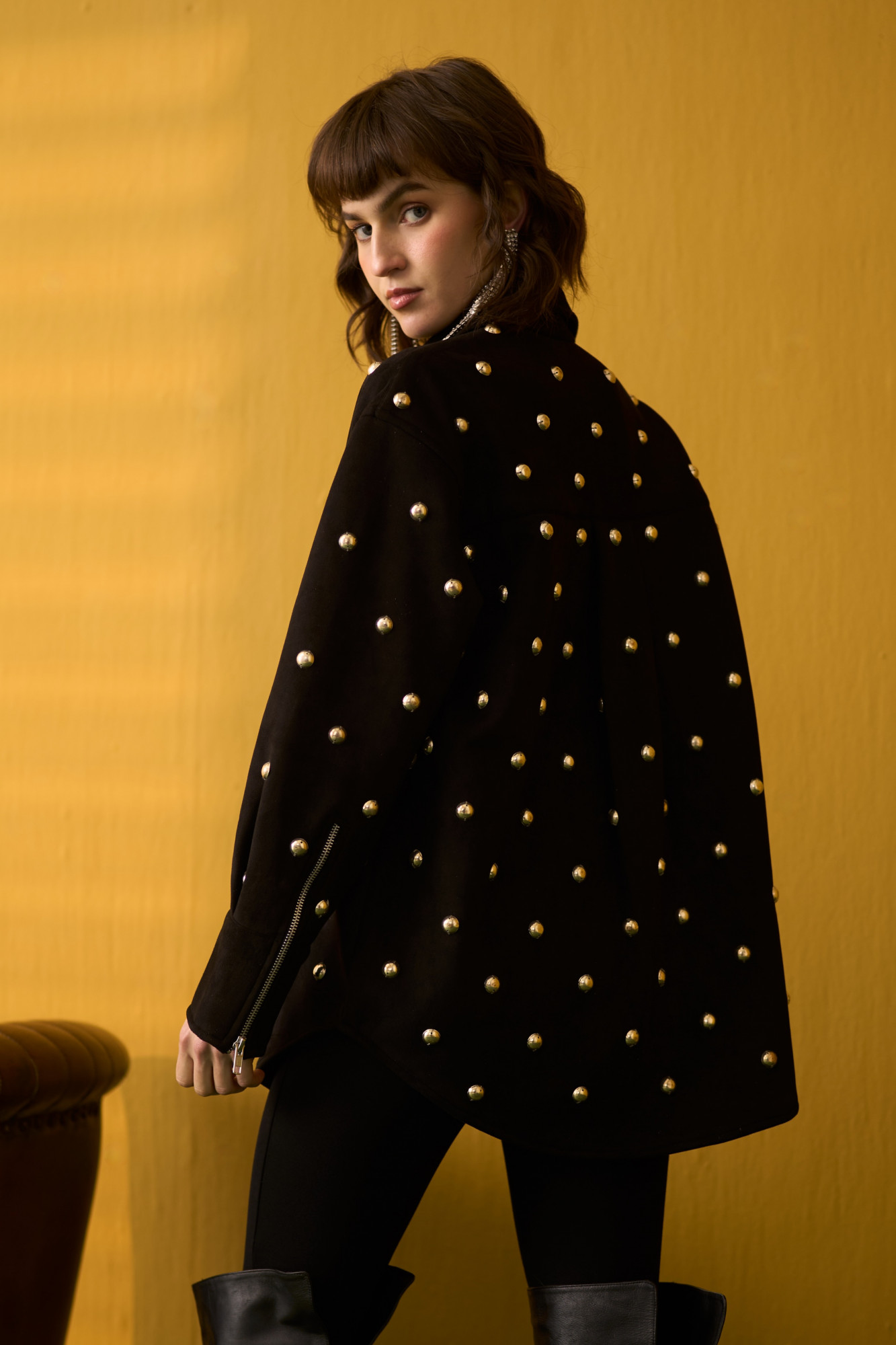 NOMADS BLACK SUEDE SHIRT WITH RHYTHMIC SILVER METAL DOMES