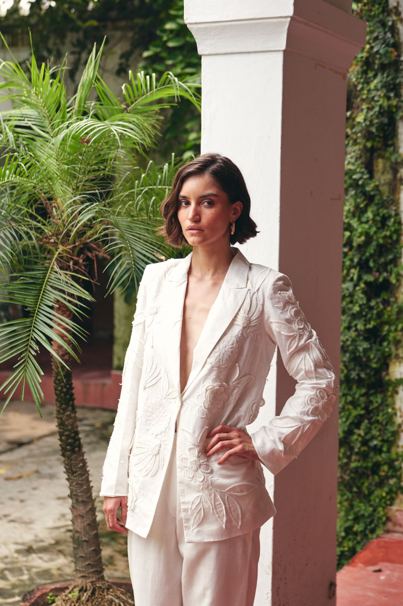 FLORENTINA OFF WHITE LINEN EMBROIDERED JACKET AND PANTS SUMMER CO-ORDINATE
