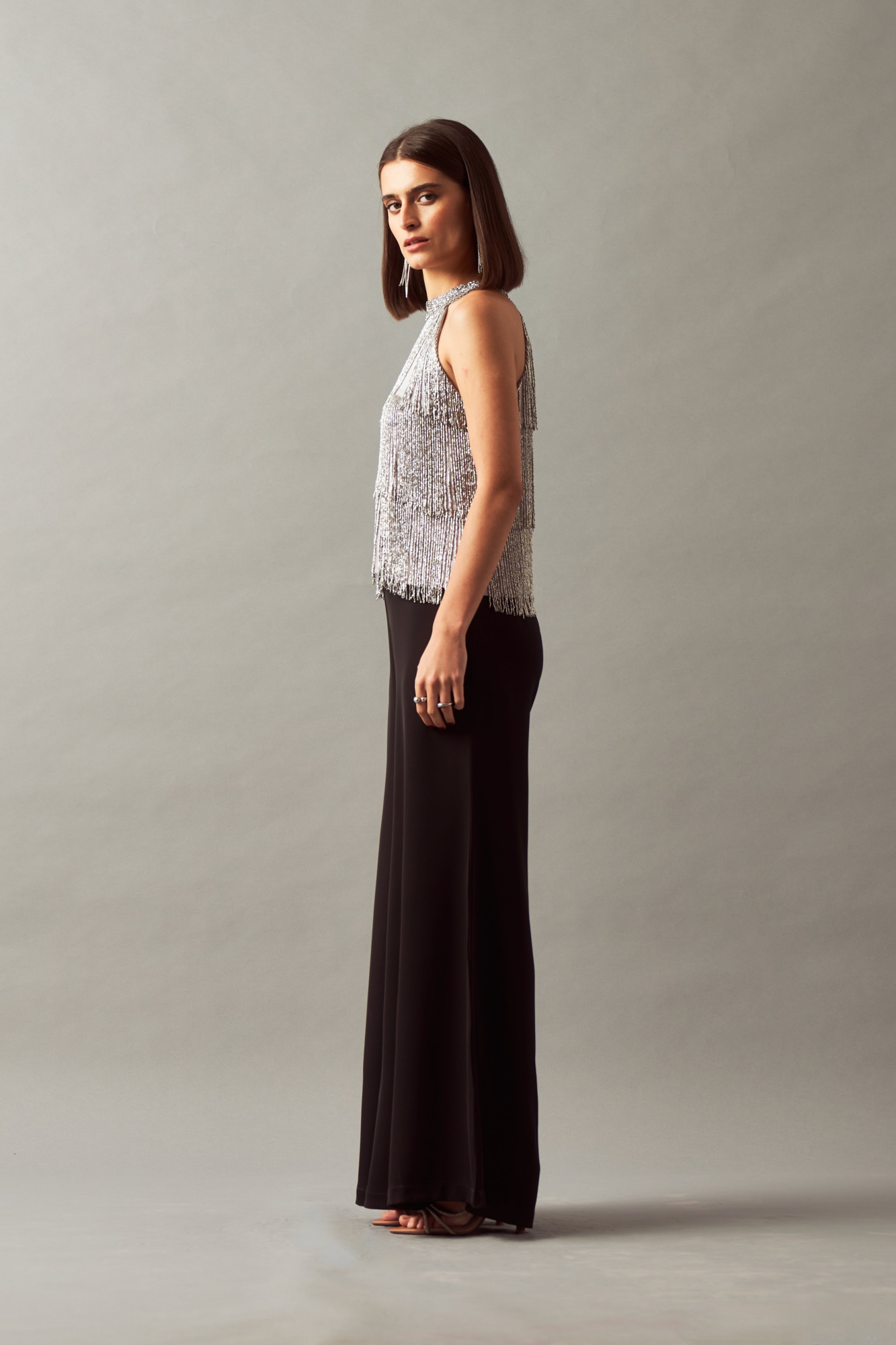 LEILA 02 SILVER GLASS BEADS HAND EMBELLISHED FRINGE TOP