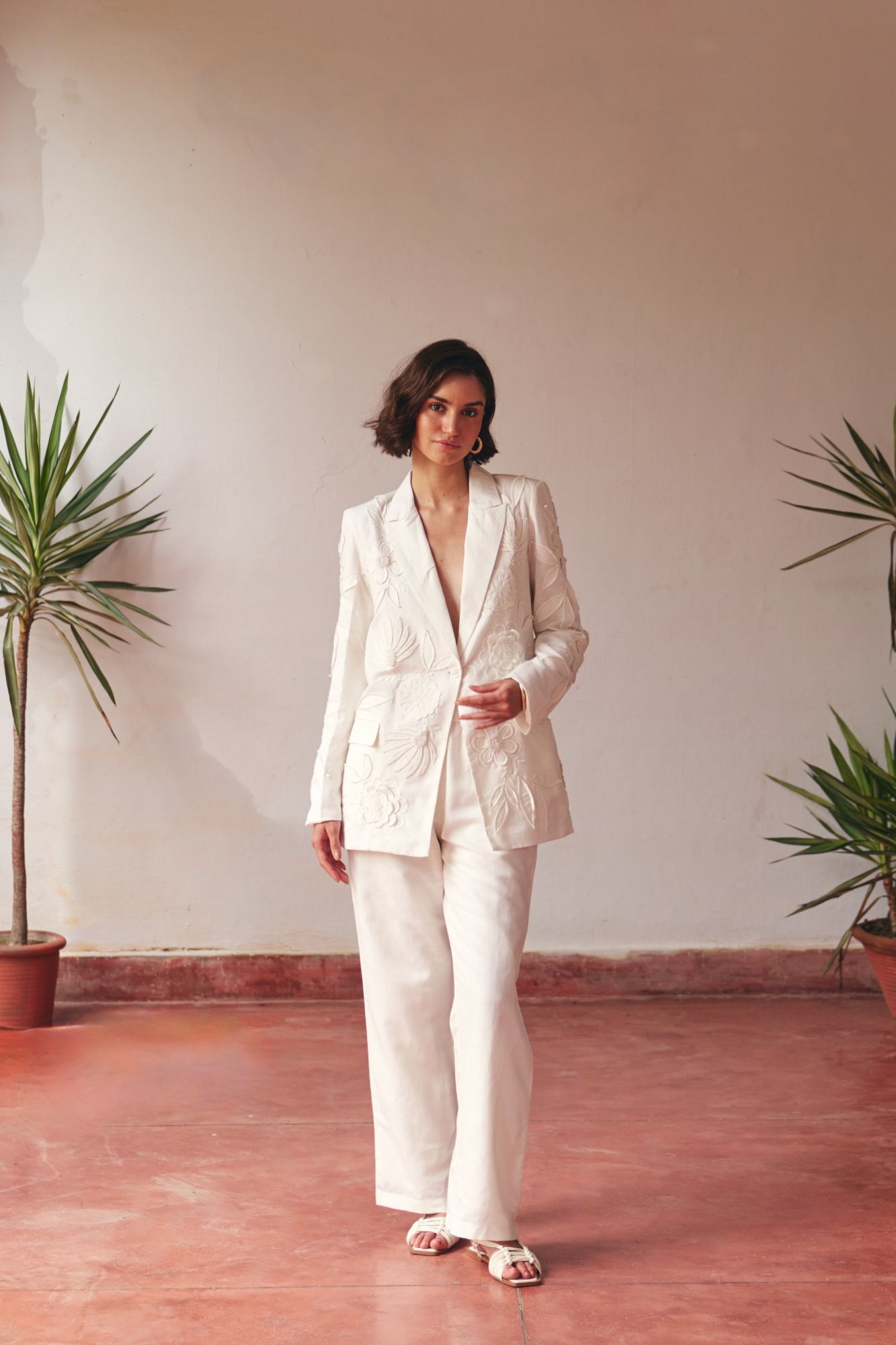 FLORENTINA OFF WHITE LINEN EMBROIDERED JACKET AND PANTS SUMMER CO-ORDINATE