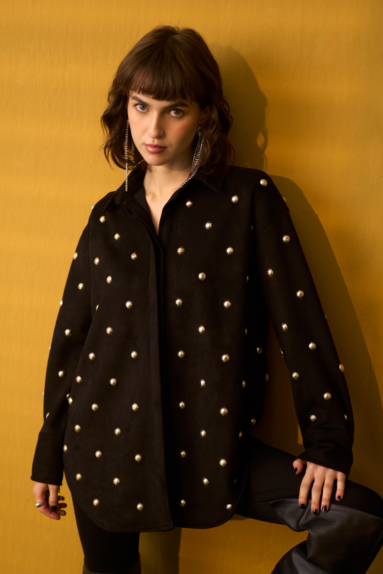 NOMADS BLACK SUEDE SHIRT WITH RHYTHMIC SILVER METAL DOMES