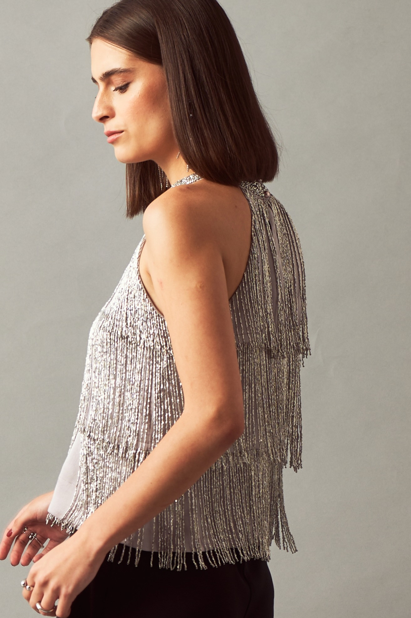 LEILA 02 SILVER GLASS BEADS HAND EMBELLISHED FRINGE TOP