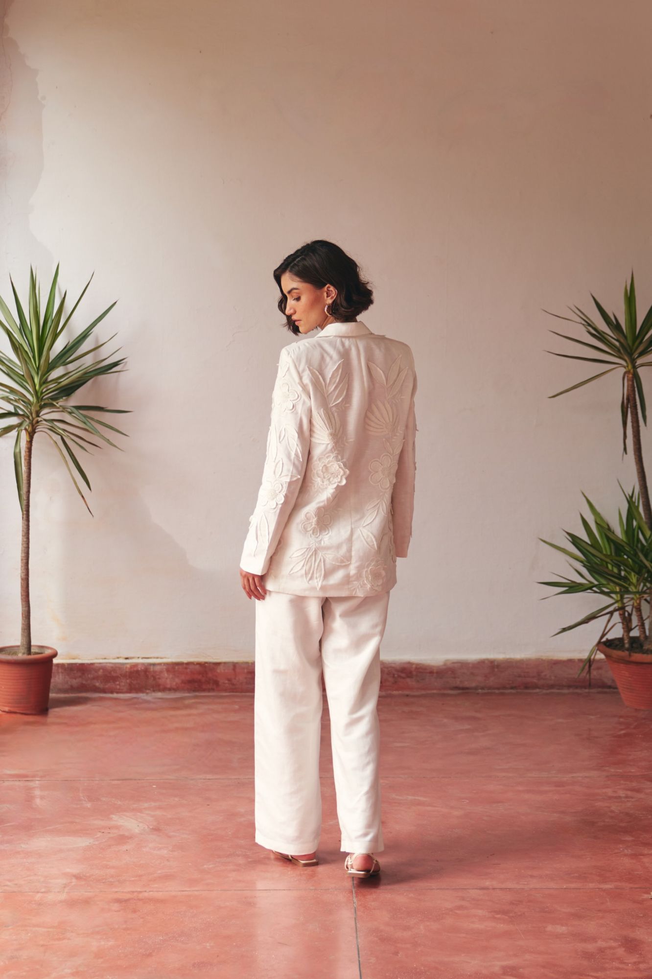 FLORENTINA OFF WHITE LINEN EMBROIDERED JACKET AND PANTS SUMMER CO-ORDINATE