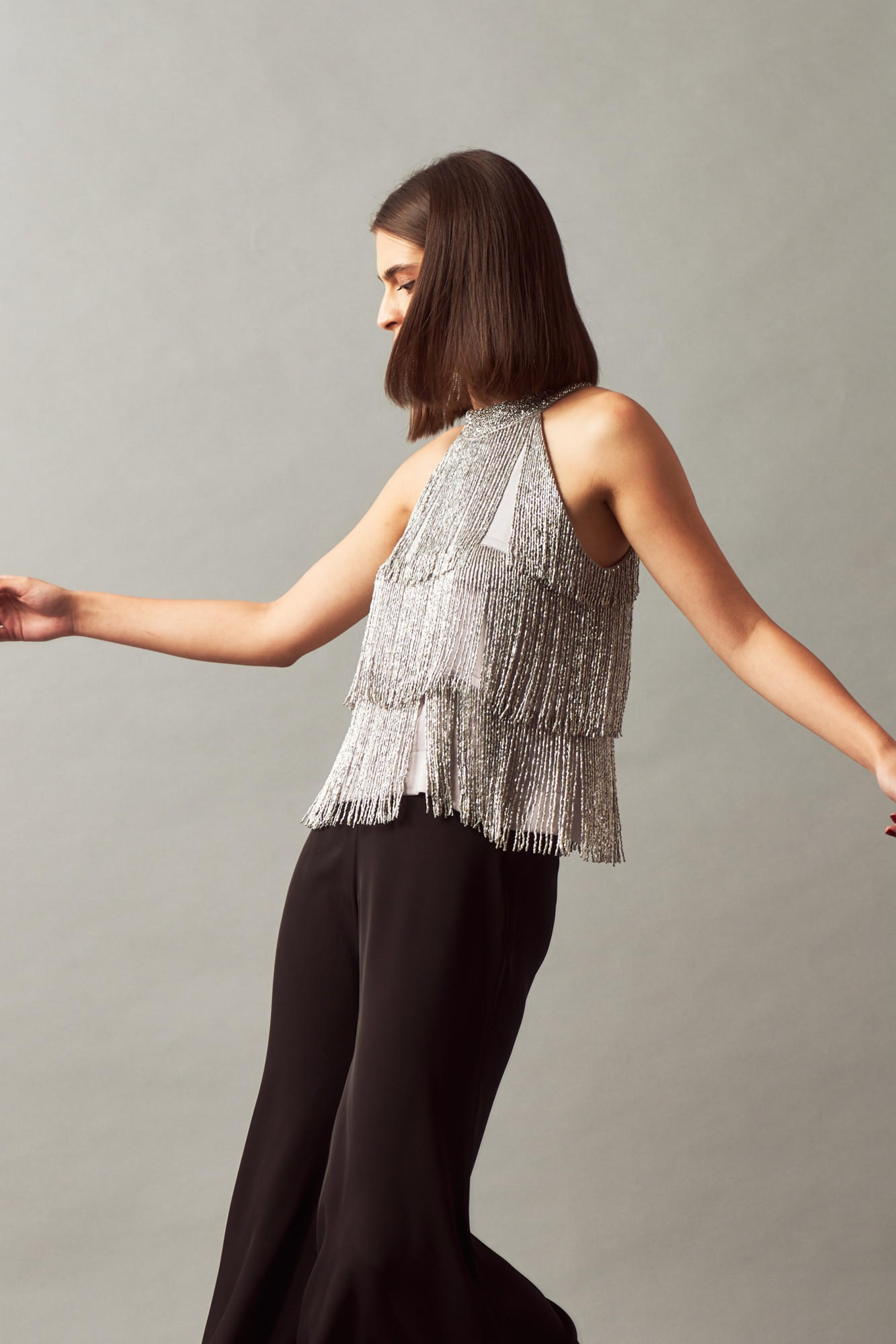 LEILA 02 SILVER GLASS BEADS HAND EMBELLISHED FRINGE TOP