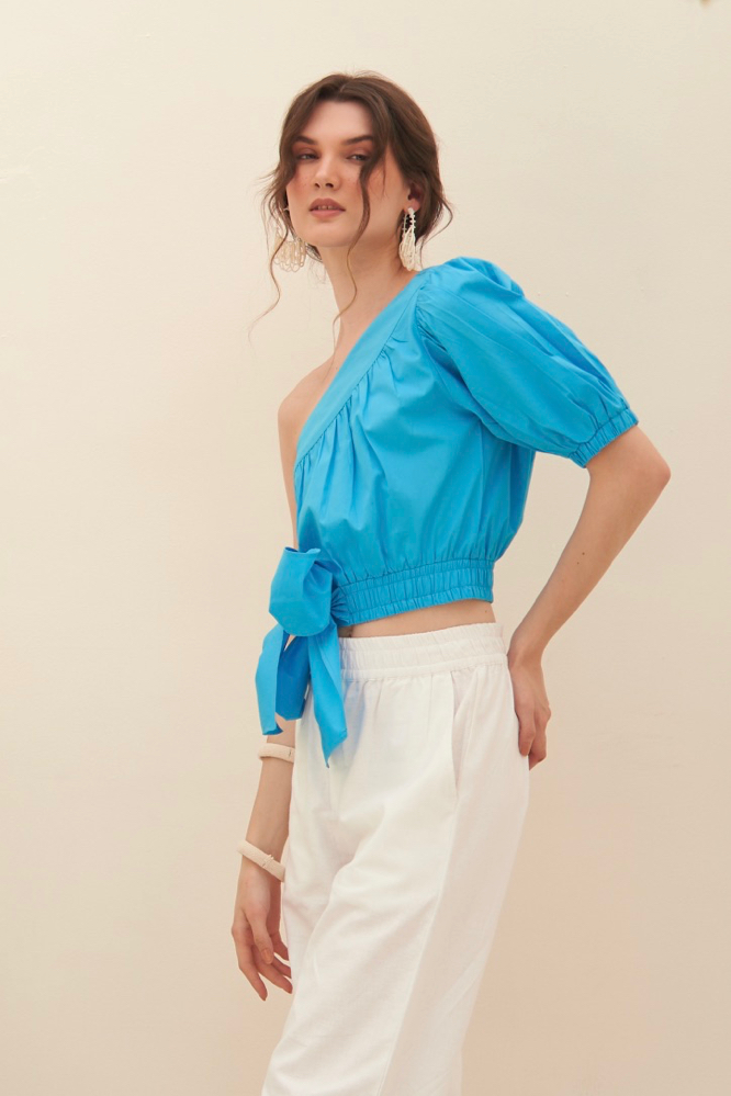 MALIBU TURQUOISE BLUE FINE COTTON POPLIN FABRIC ONE SIDED SHOULDER CROP TOP WITH WAIST TIE