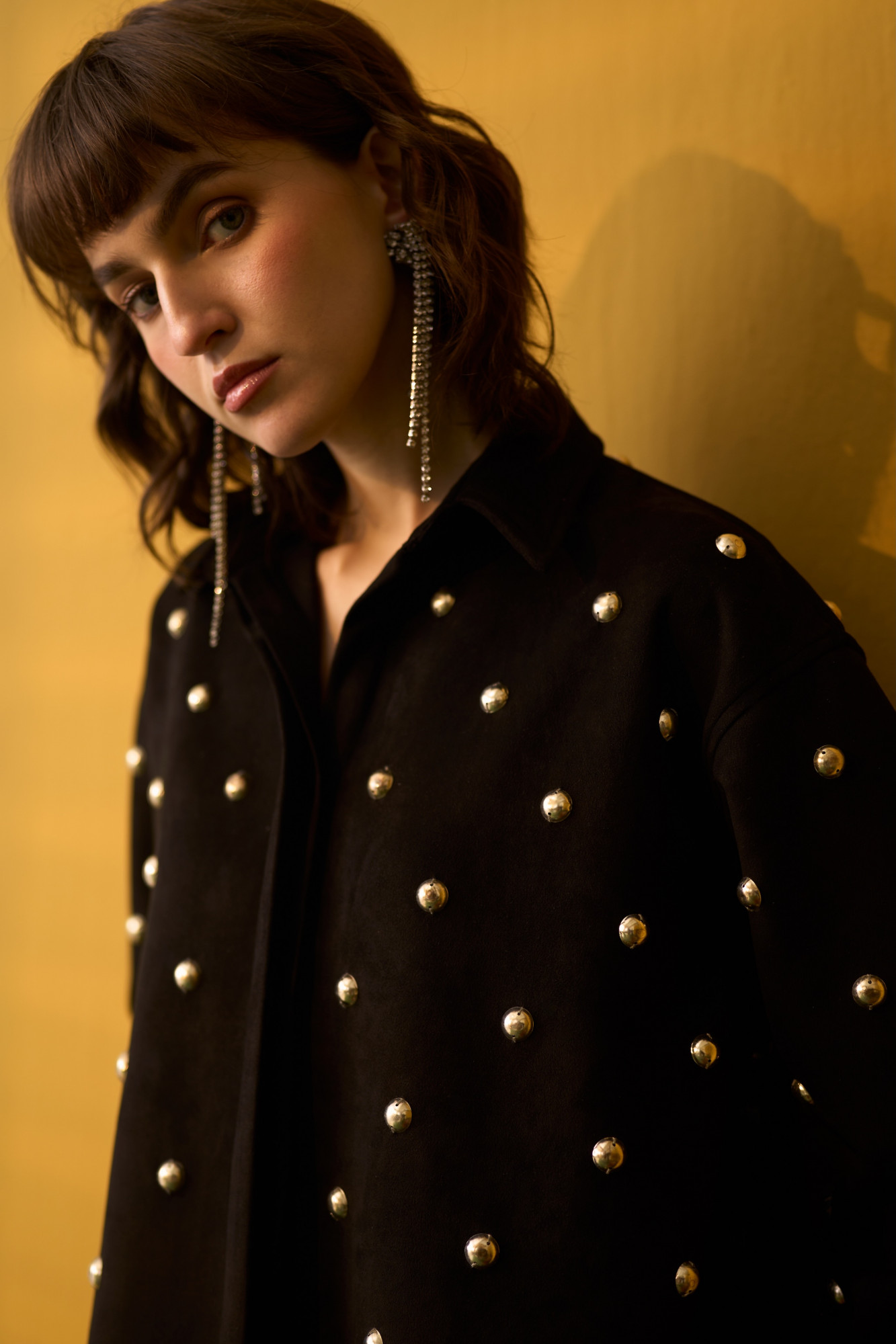 NOMADS BLACK SUEDE SHIRT WITH RHYTHMIC SILVER METAL DOMES