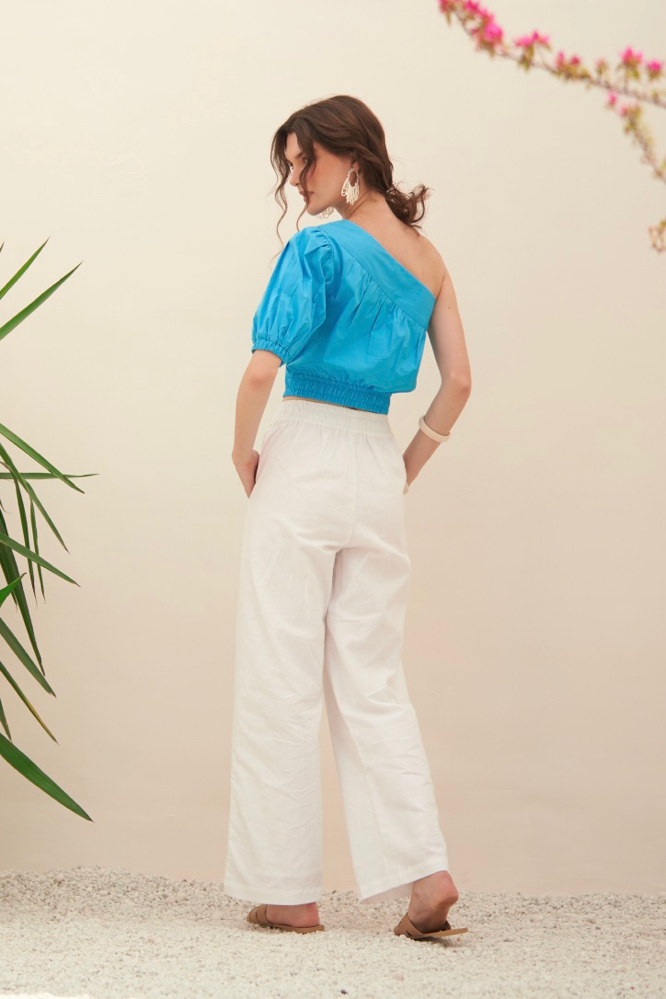 MALIBU TURQUOISE BLUE FINE COTTON POPLIN FABRIC ONE SIDED SHOULDER CROP TOP WITH WAIST TIE