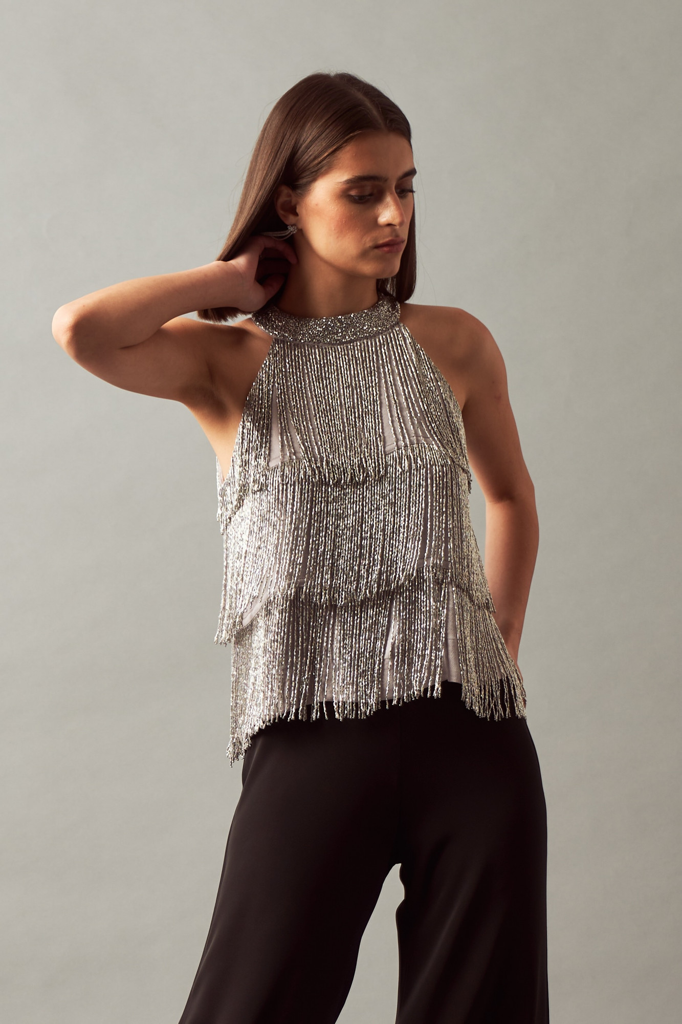 LEILA 02 SILVER GLASS BEADS HAND EMBELLISHED FRINGE TOP