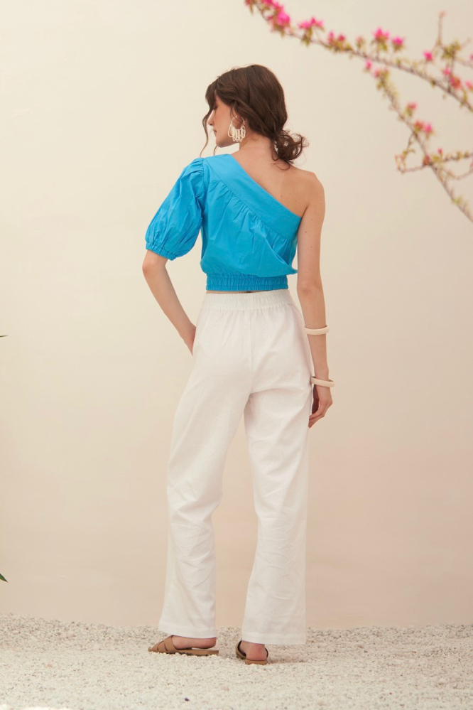 MALIBU TURQUOISE BLUE FINE COTTON POPLIN FABRIC ONE SIDED SHOULDER CROP TOP WITH WAIST TIE