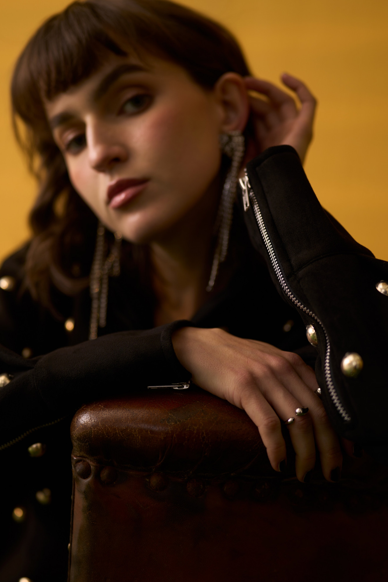 NOMADS BLACK SUEDE SHIRT WITH RHYTHMIC SILVER METAL DOMES