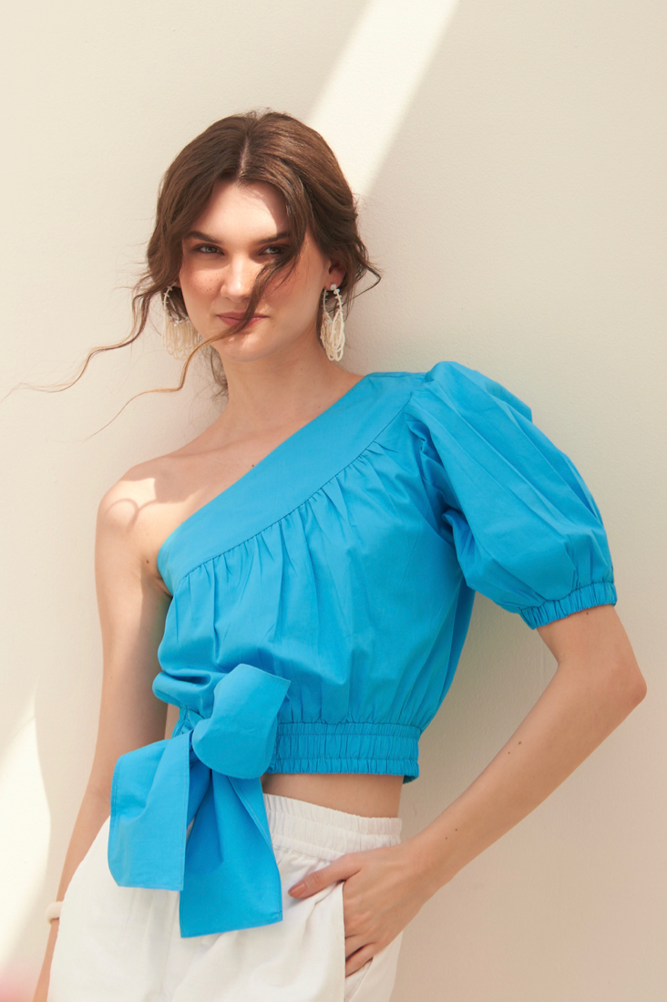 MALIBU TURQUOISE BLUE FINE COTTON POPLIN FABRIC ONE SIDED SHOULDER CROP TOP WITH WAIST TIE