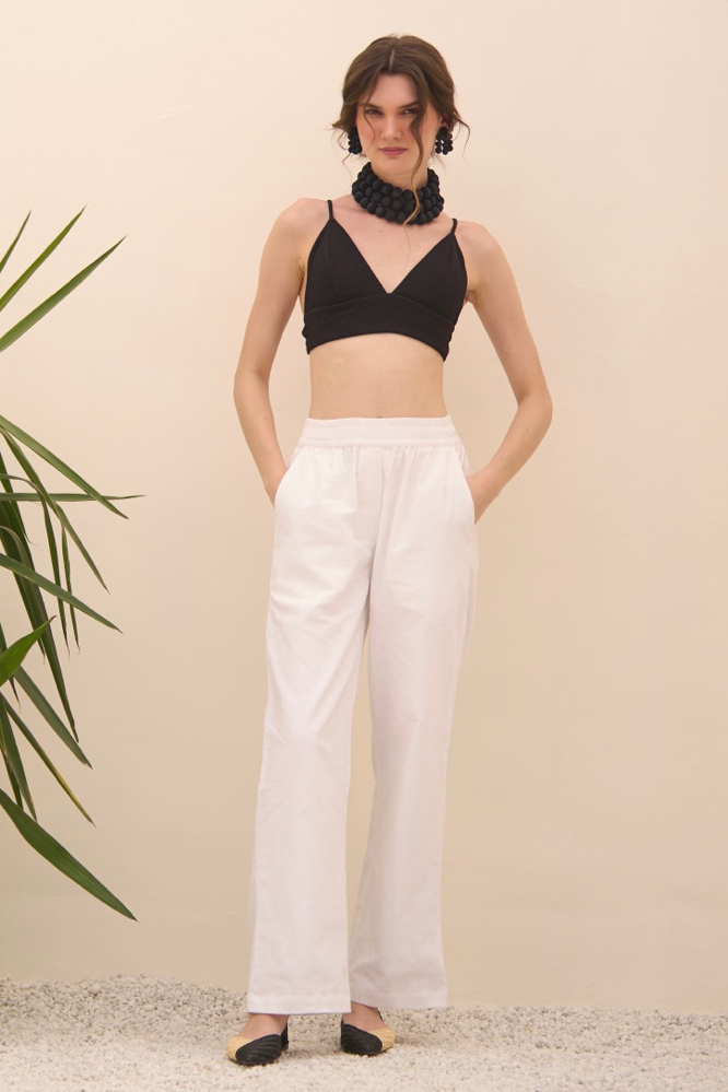 MALIBU WHITE COTTON LINEN STRAIGHT FIT ELASTICATED WAIST FULL LENGTH TROUSERS WITH FULL COTTON LINING