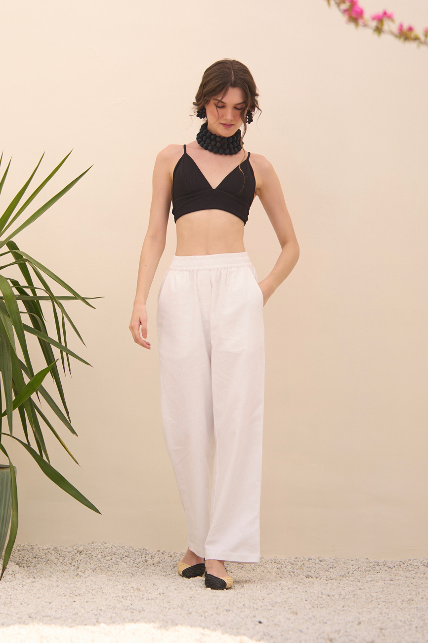 MALIBU WHITE COTTON LINEN STRAIGHT FIT ELASTICATED WAIST FULL LENGTH TROUSERS WITH FULL COTTON LINING