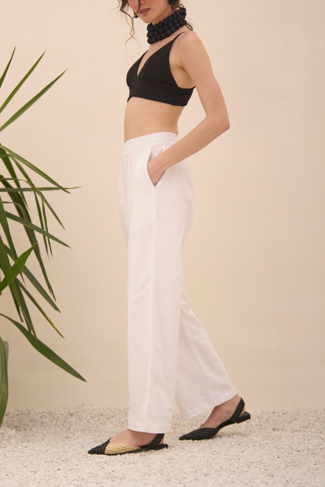 MALIBU WHITE COTTON LINEN STRAIGHT FIT ELASTICATED WAIST FULL LENGTH TROUSERS WITH FULL COTTON LINING