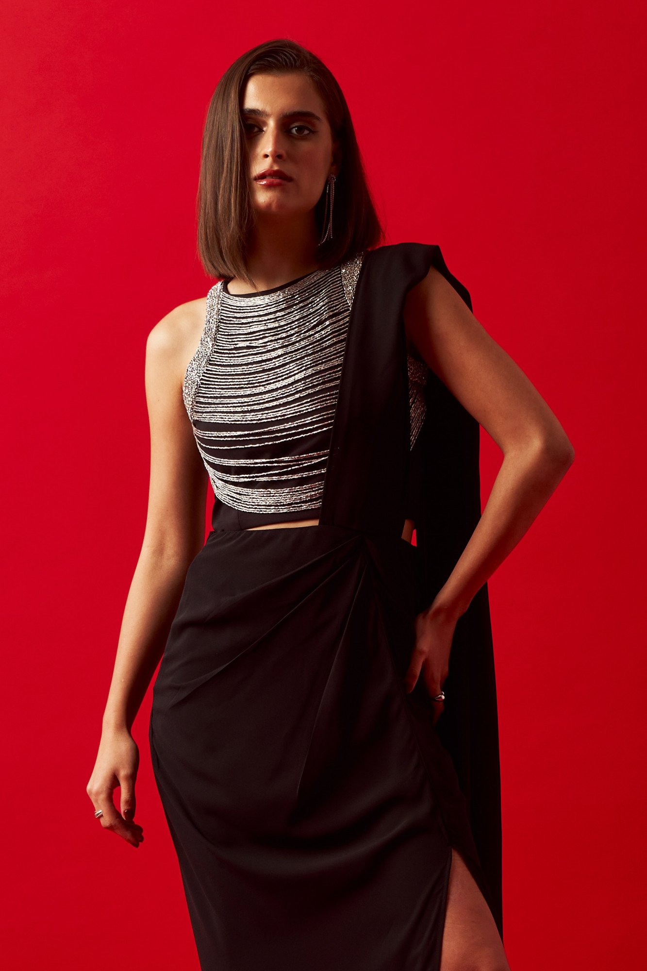 LEILA 02 BLACK JEWELLED NECK CROPPED LENGTH TOP WITH ZIP SARI